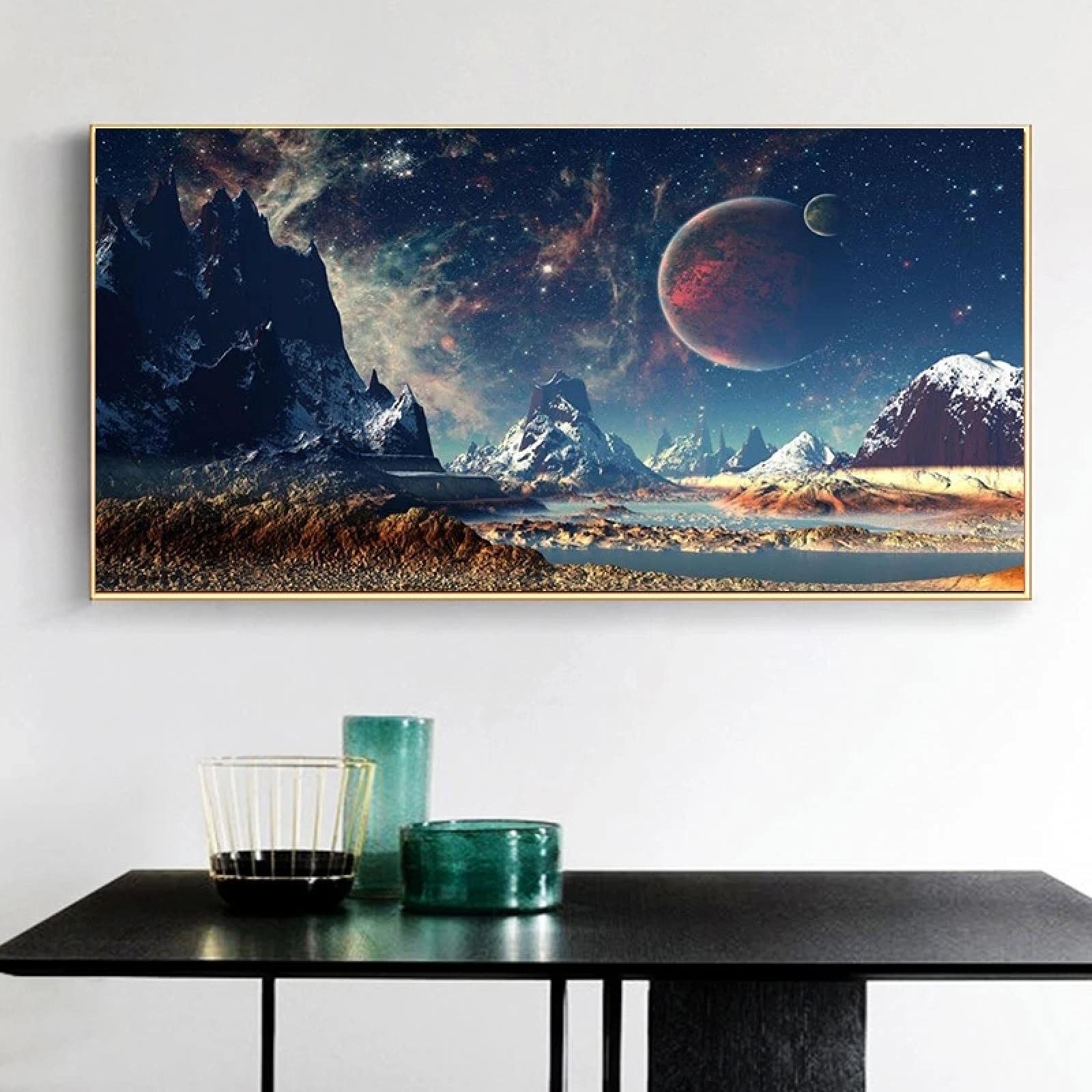 Yooyu Carteles del espacio y la montaña Universo Exoplaneta Galaxy Pinturas en lienzo Paisaje Arte de la pared Imagen Decoración para el hogar Mural 50x115cm (19.7x45.3in) Marco interno