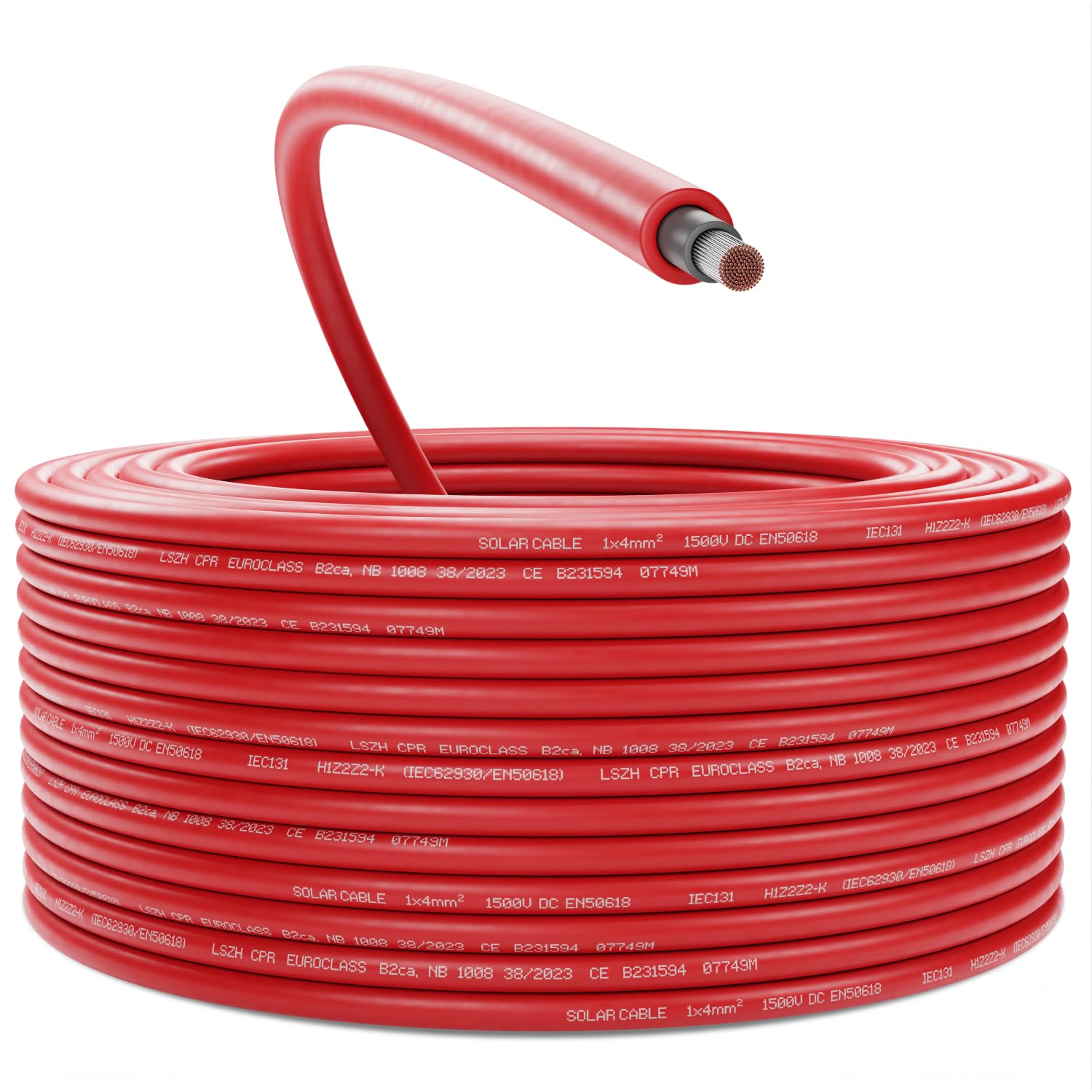 deleyCON 50m Cavo Solare 4mm² - Cavo Fotovoltaico per Impianti Fotovoltaici - Resistente ai Raggi UV Senza Alogeni per 1kV AC 1,5kV DC - per Installazione Fissa e Contatti a Spina PV Colore - Rosso