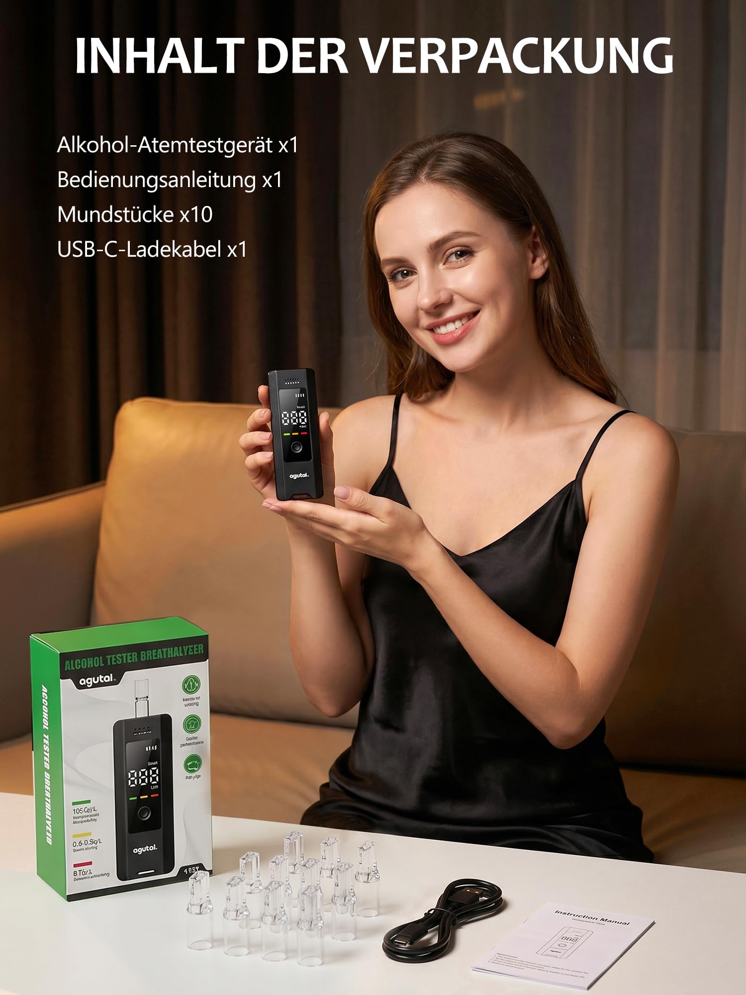Alkoholtester Polizeigenau Professioneller Alcohol Tester : Hochpräziser Promillemessgerät Zwei Messmethoden mit Digitaler LCD-Anzeige - Tragbarer Atemalkoholtester USB-C-Aufladung mit 10 Mundstücke