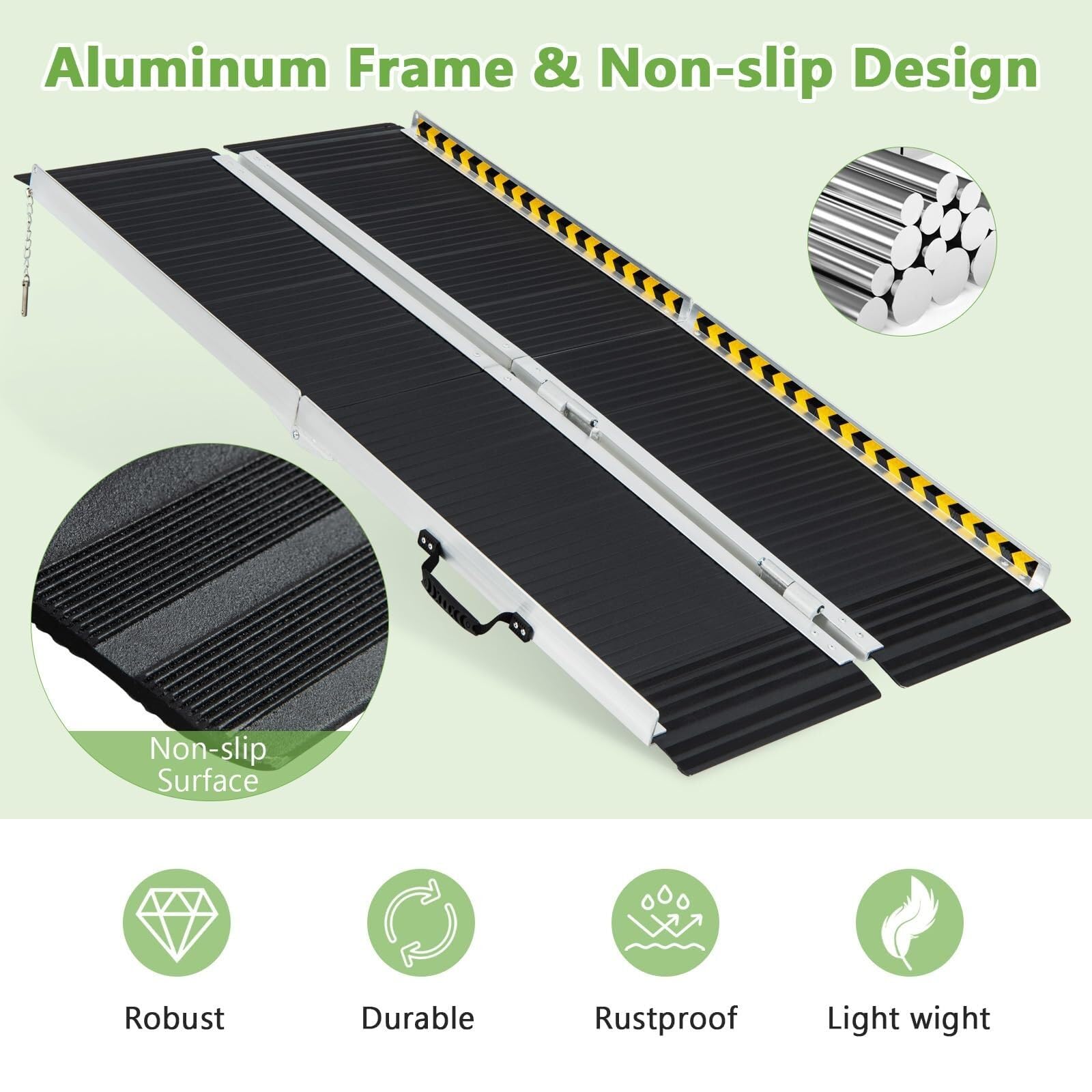 Rampa para silla de ruedas de 3 pies, 4 pies, 5 pies, 6 pies, rampa plegable de aluminio portátil con placa de transición y calcomanías reflectantes de advertencia, umbral antideslizante para