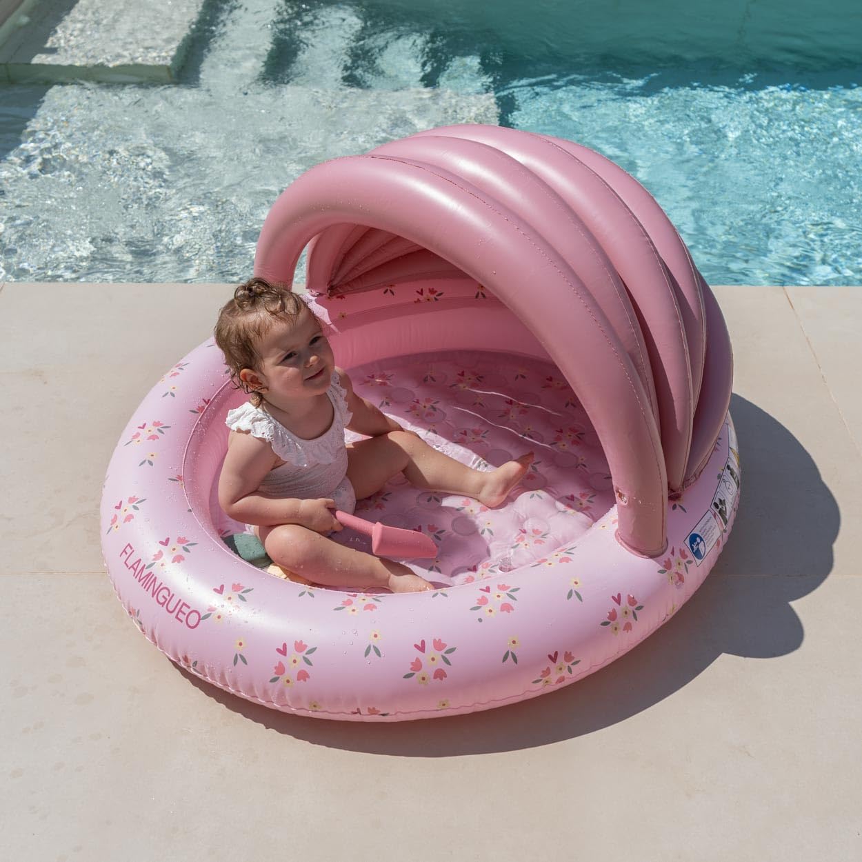 Flamingueo Mini Piscina Infantil - con Toldo para el Sol - para Playa y Jardín - PVC Resistente - Válvula Drenaje - 120 x 110 x 65 cm - Rosa