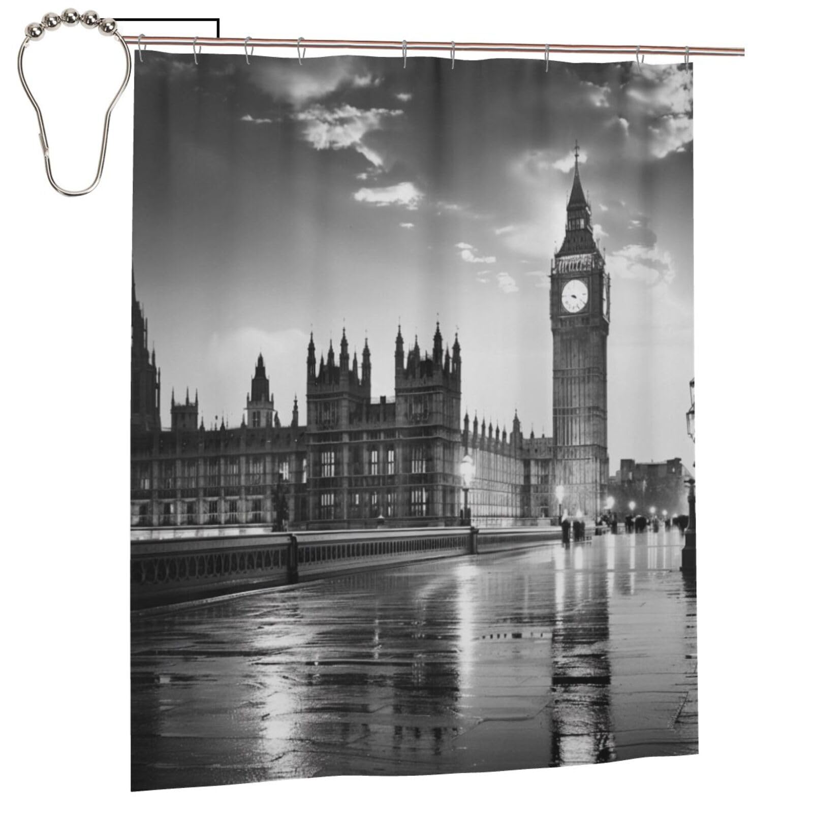 BWWHCCTI London Printed Shower Curtain With 12 Iron Hooks Opaque Quick Drying Waterproof Shower Curtains Sets For Bathroom 152x183 Cm