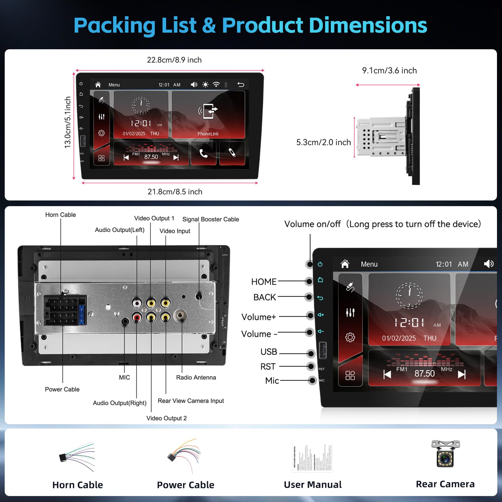 Hikity Radio Coche 1 DIN con Pantalla de 9 Pulgadas, Radio 1 DIN con Carplay Android Auto Inalámbrica Reproducción de Video en Línea Salida de Video Radio FM BT SWC Pantalla Táctil CAM+Mic