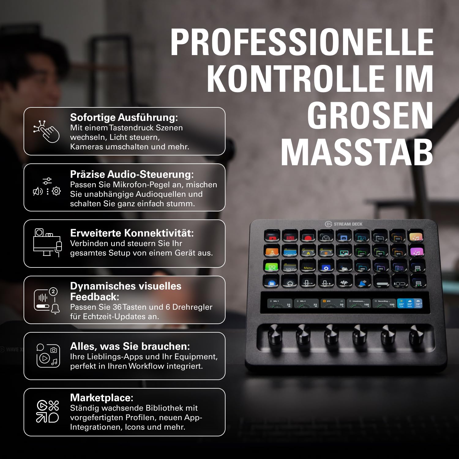 Elgato Stream Deck + XL – Anpassbarer Controller mit Makrotasten, Drehreglern und Touchstrip für professionelle Systeme und Produktionen – USB-C für PC und Mac