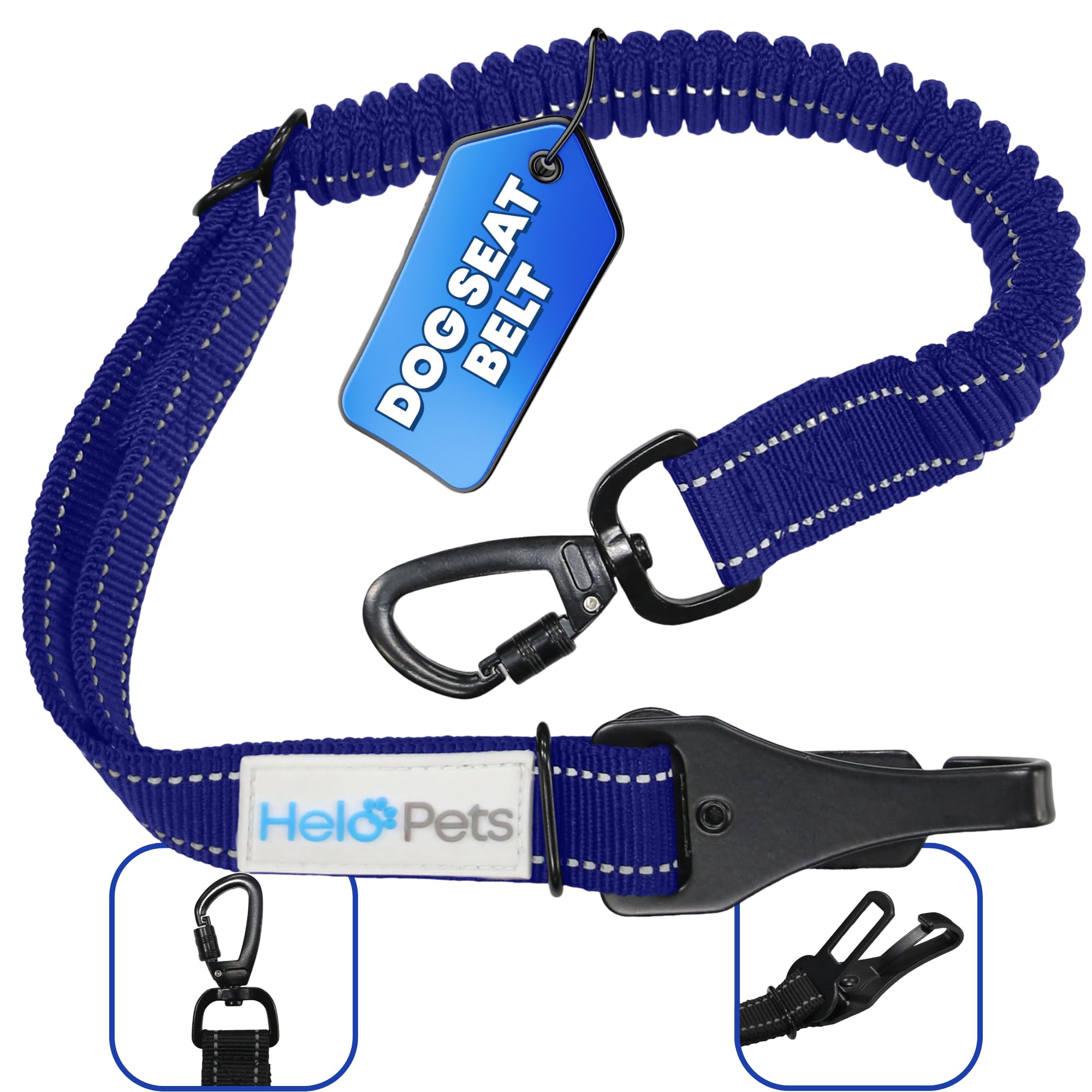 Dog Seat Belt for Car 3-in-1 Adjustable Safety Seatbelt for Dogs in Car – Durable Extra Thick Nylon Webbing Bungee with Hook & Buckle Latch, Reflective Dog Harness (Blue).