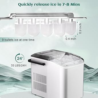 Maine Bullet Ice Maker, Counter Top Ice Maker with Portable Carrying Handle, 33 lb/24H Portable Ice Maker Suitable for Home, Office, Kitchen, RV, 9 Cubes Ready in 7-8 Mins