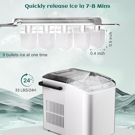 Maine Bullet Ice Maker, Counter Top Ice Maker with Portable Carrying Handle, 33 lb/24H Portable Ice Maker Suitable for Home, Office, Kitchen, RV, 9 Cubes Ready in 7-8 Mins