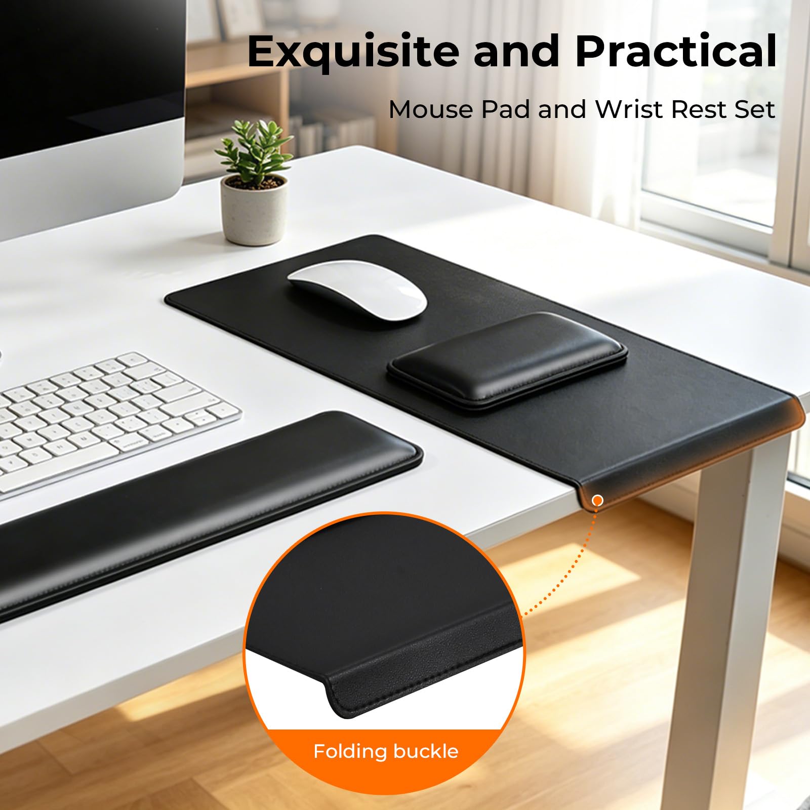 EooCoo Alfombrilla Ratón, Alfombrilla Escritorio, Reposamuñecas Teclado | Comodidad Ergonómica para Muñeca, Superficie Lisa de Cuero Premium, Set Completo de 3 Piezas, Ideal para Regalar