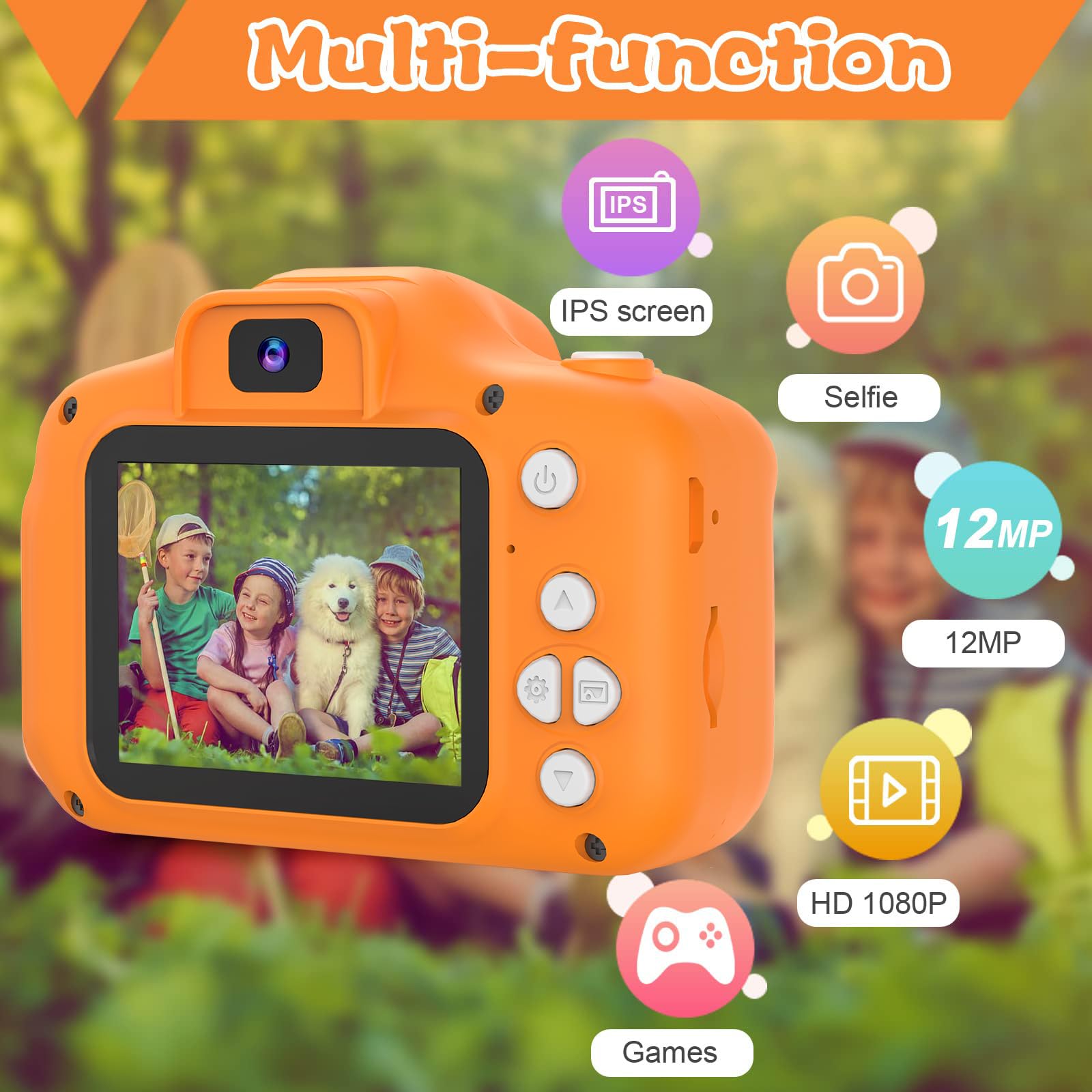 Cámara naranja para niños, cumpleaños para niñas y niños de 3 a 12 años, cámara de video digital HD para niños pequeños, pantalla IPS HD, juguete portátil con tarjeta SD de 32 GB 2