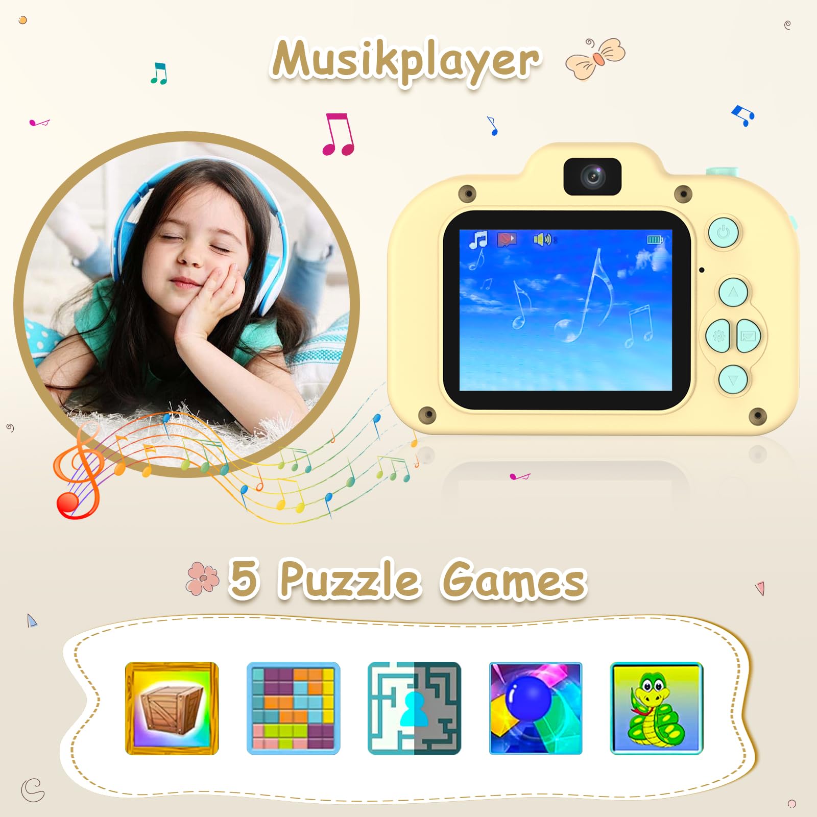 Cámara Fotos Infantil, 1080P HD Cámara Digital para Niños, 2,0" Camara de Fotos con Tarjeta de 32 GB, Regalos para Cumpleaños de Navidad, Juguete para Niñas Niños 3 4 5 6 7 8 9 10 11 12(Amarillo)