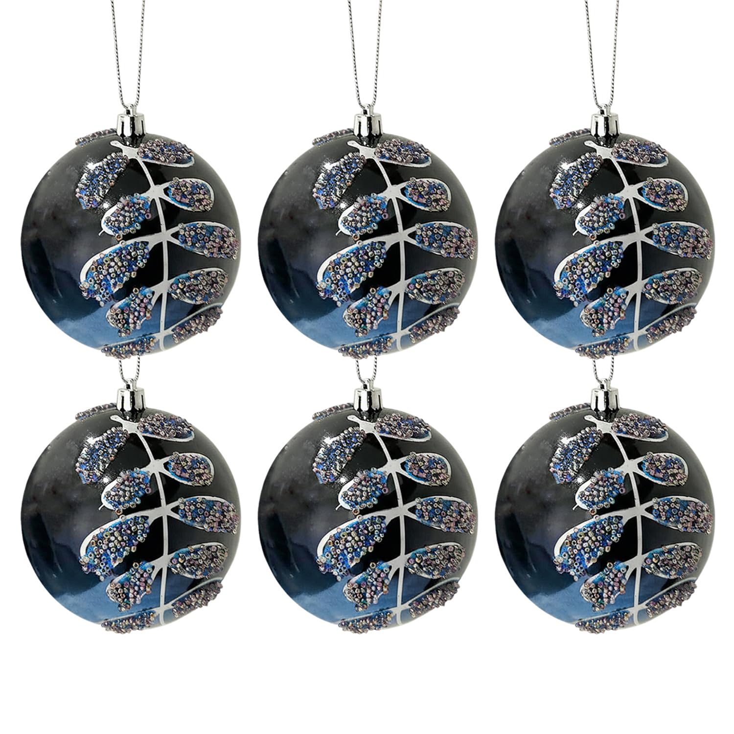 Enchanted Bead Leaf Christmas Baubles – Set of 6 Navy Blue Gradient Xmas Tree Decorations with Beaded Detail – Luxury Christmas Decorations for Tree, Wreaths & Garlands – 10cm