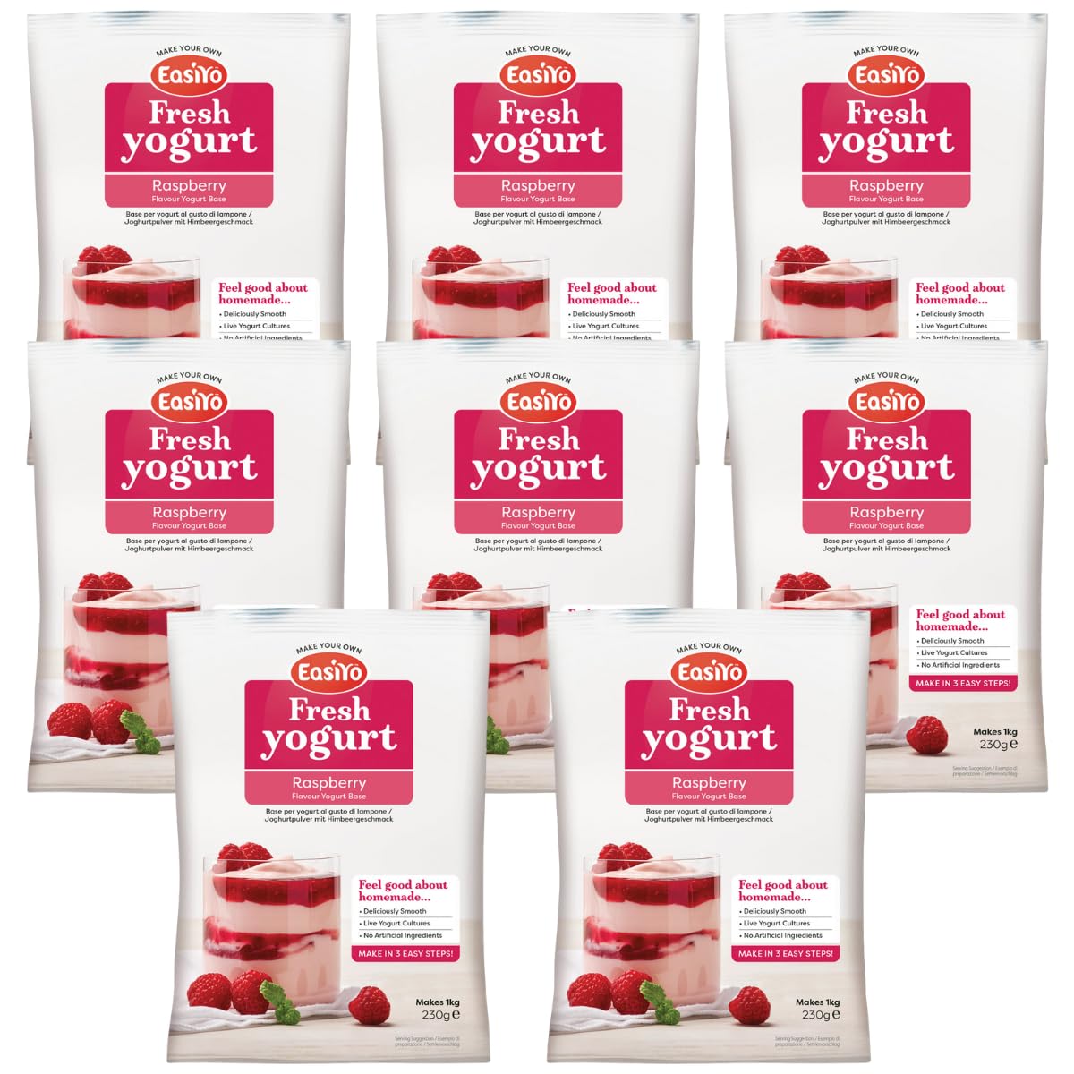 EasiYo Joghurt Himbeere, 8 Beutel | Jeder Beutel ergibt 1 kg Joghurt