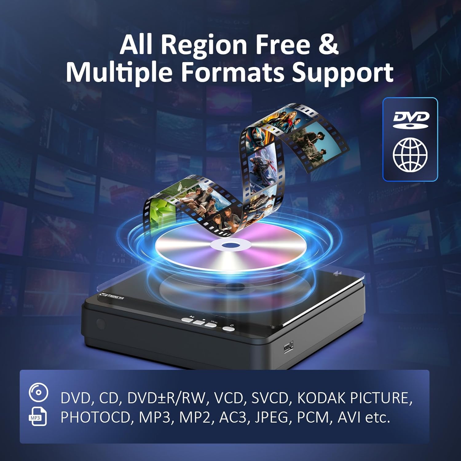 Portable DVD Player, All Region Free DVD Player with 1080P HDMI Upscaling for Smart TV, Compact Mini DVD Player with HDMI & AV Output, USB Playback, Anti-Shock, Remote Included