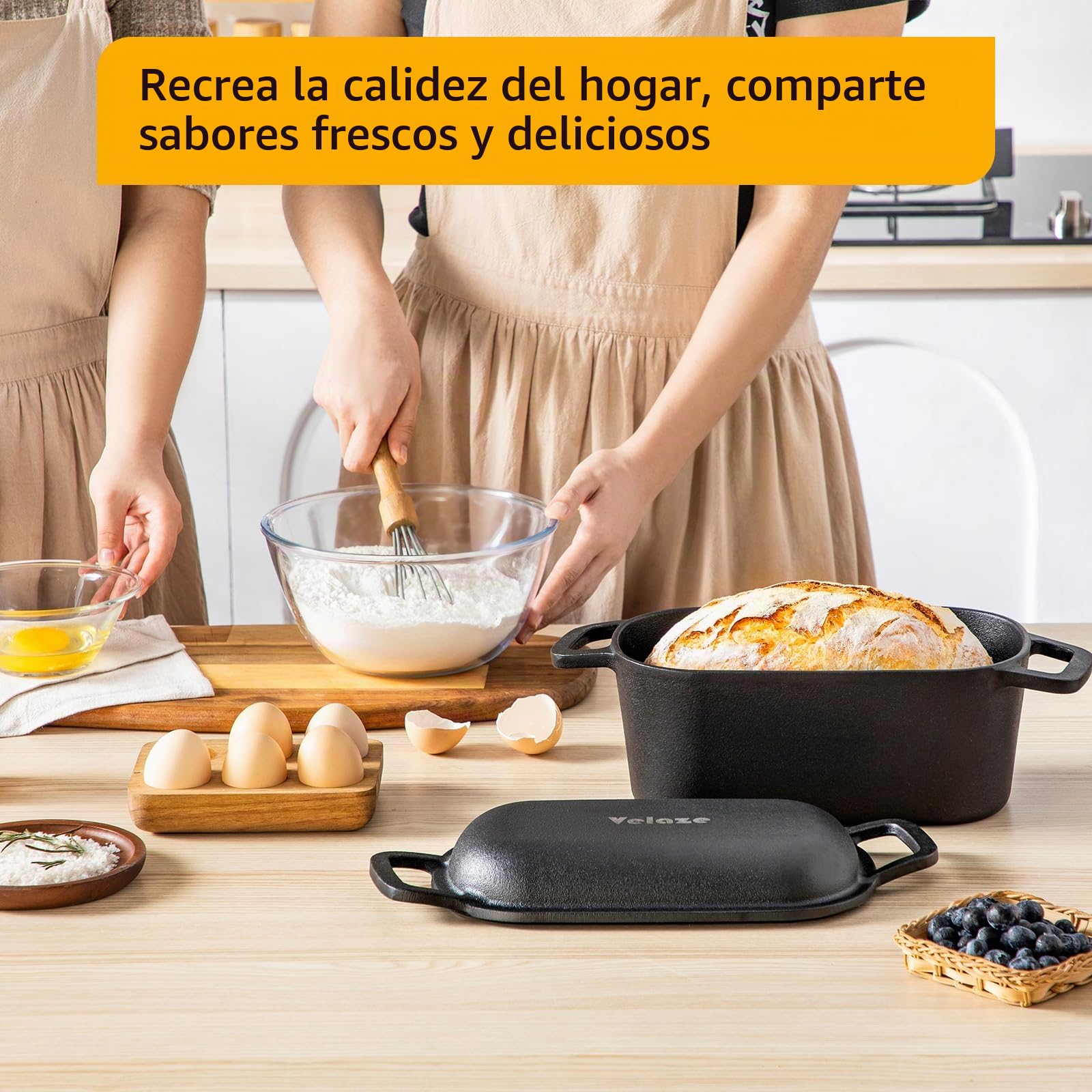 Velaze Olla de Hierro Fundido para Pan 3.4L - Cacerola Holandesa Rectangular 27x15 cm con Tapa, Interior Cremoso Antiadherente - Adecuada para Inducción (Negro)