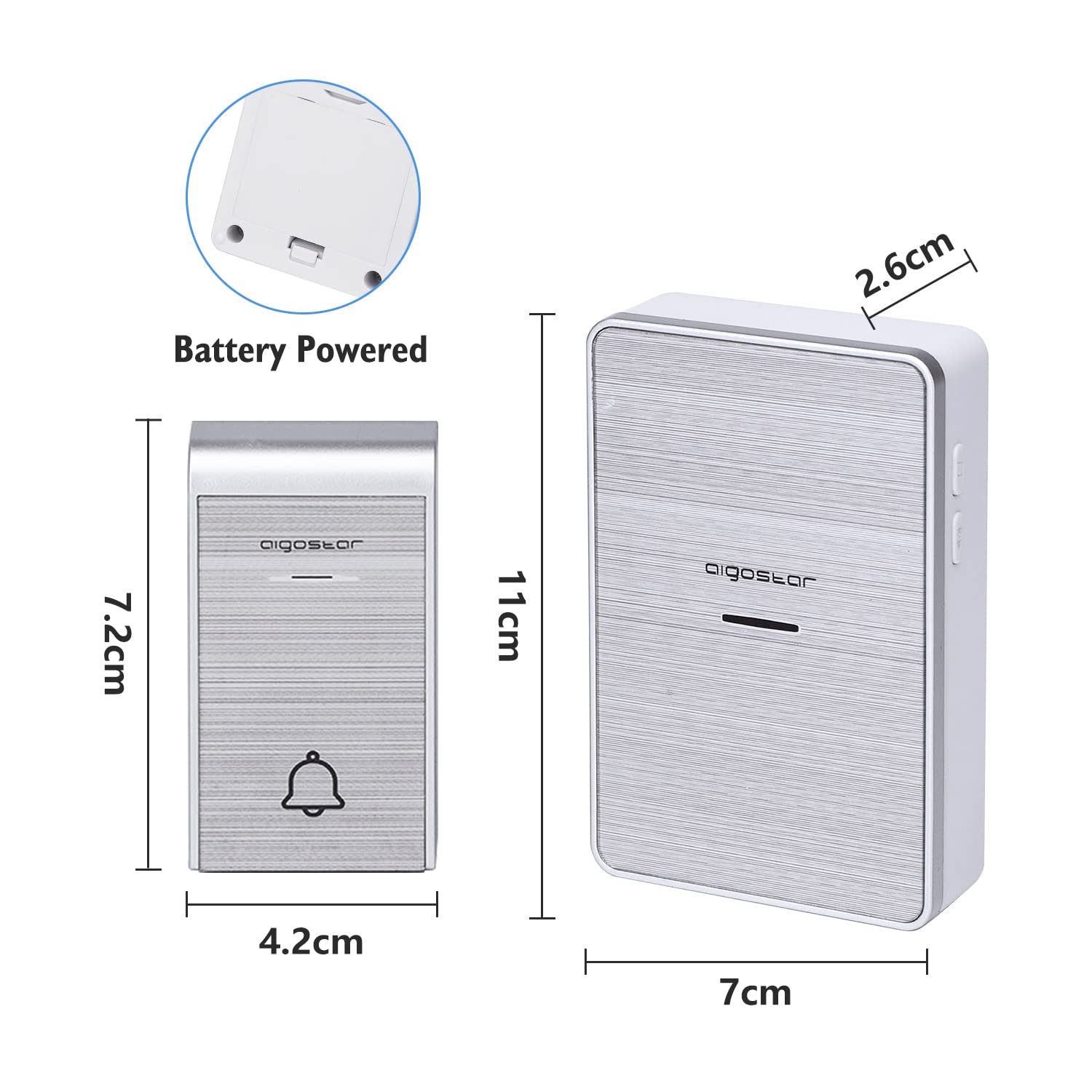 Aigostar Timbre inalámbrico con 2 Receptores, Timbre de Puerta con Indicadores LED, Impermeable IP44 para Interior y Exterior, 3 Niveles de Volumen y 36 Melodías, Plata