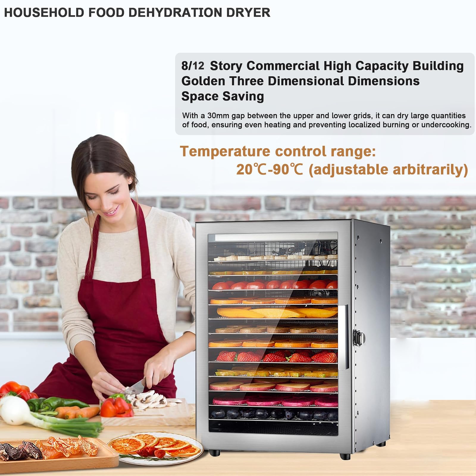 Deshidratador de alimentos premium 800W con bandejas de acero inoxidable, temporizador 24H y control de temperatura, operación silenciosa para frutas secas saludables Verduras carne descabalda, diseño