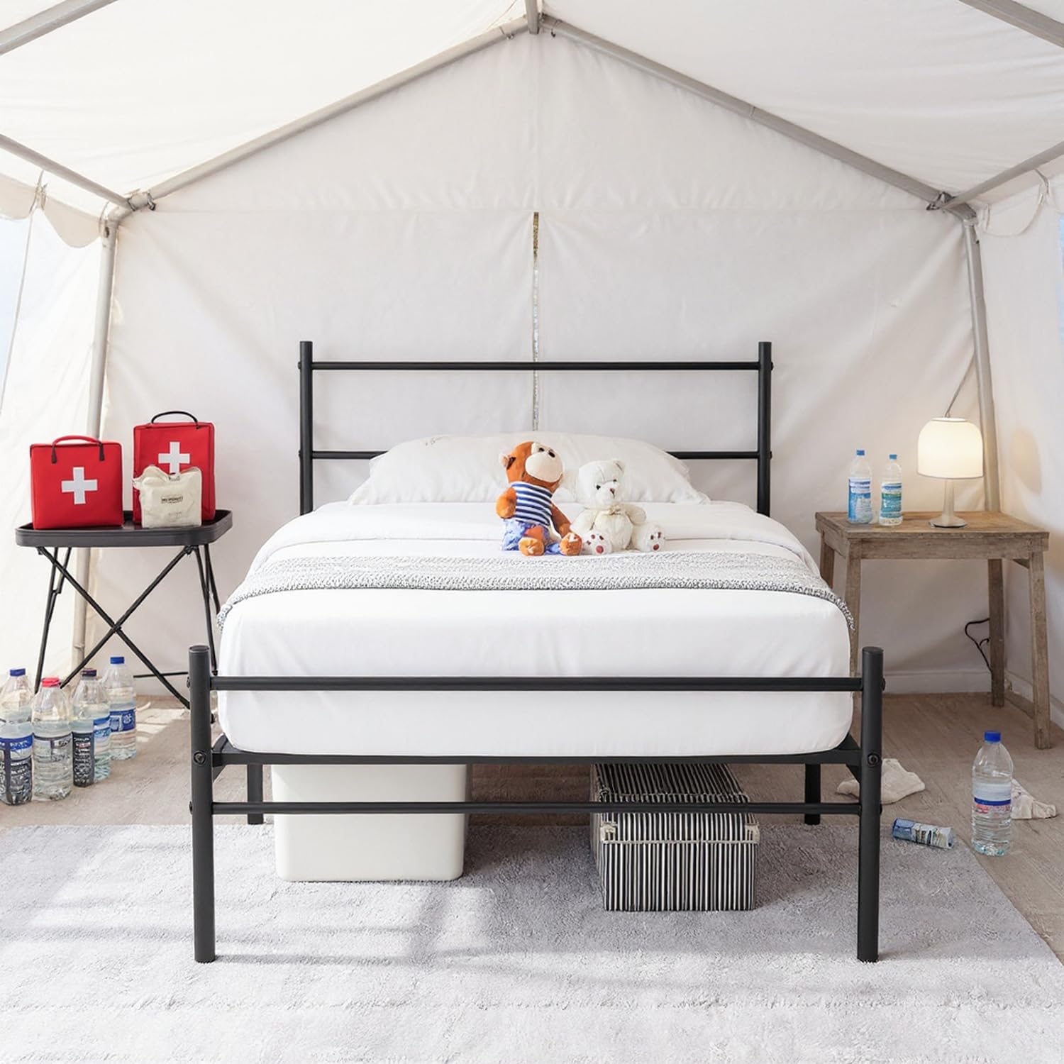 FurnitureR Cama de primeros auxilios con marco de metal resistente, diseño moderno de línea negra, ahorro de espacio y duradera para respuesta de emergencia, escenarios de negocios y viajes, Primo