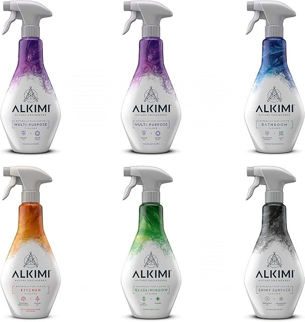 Alkimi Ultimate Collection Cleaning Pack 6 x 500ml - 2X Multi-Purpose Cleaner, 1x Bathroom Cleaner, 1x Kitchen Cleaner, 1x Window Cleaner & 1x Shiny Surface Cleaner - All Natural Antibacterial Spray
