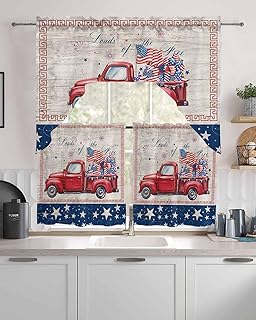 Tier and Swag Window Curtain Set, Vintage Farm Truck with Patriotic Flag Kitchen Valance Tier Curtains 3 Pieces Set, Chic Wood Plank Rod Pocket Valances Window Treatment for Living Room Bedroom