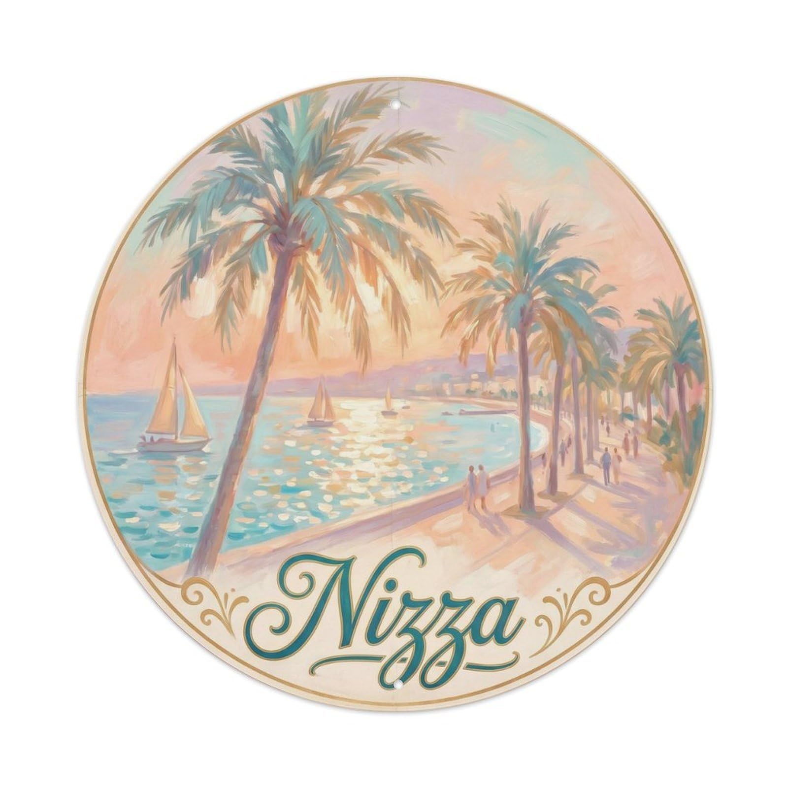 Nizza French Riviera Impressionist Seaside Palm Travel Metal Tin Sign Plaque Wall Decor for Cafe, Man Cave, Club Bar, Office, Home Garden Round Metal Poster 8x8Inch
