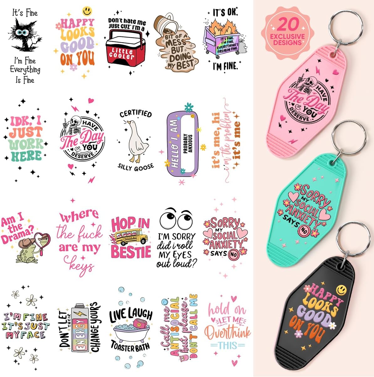 KACIOLA STUDIO Funny UV DTF Wrap Stickers-80PCS Funny Theme UV DTF Stickers for Motel Keychain, Waterproof UV DTF Decals, I'm Fine UV DTF Transfer Sticker Decal Rub on Transfers for Hotel Keychain