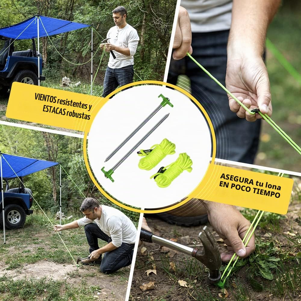Varilla telescópica Everbeam para toldo, Camping, Senderismo, Pesca. Barra de Aluminio Ajustable 233 cm. Portátil, Ligera, Genial para Carpa o vivac. Incluye Vientos, piquetas, Bolsa de Transporte