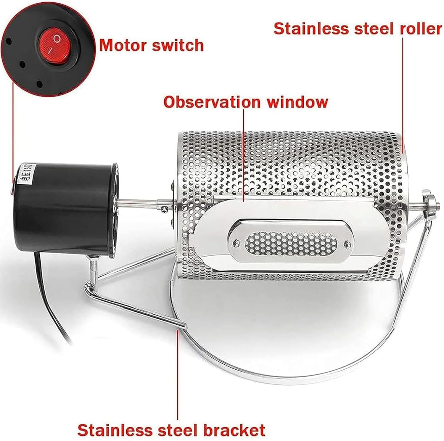 Electric Coffee Bean Roaster w/Visible Window and Stainless Steel Tray - Bake 250G at a Time/25 RPM/Low Decibel