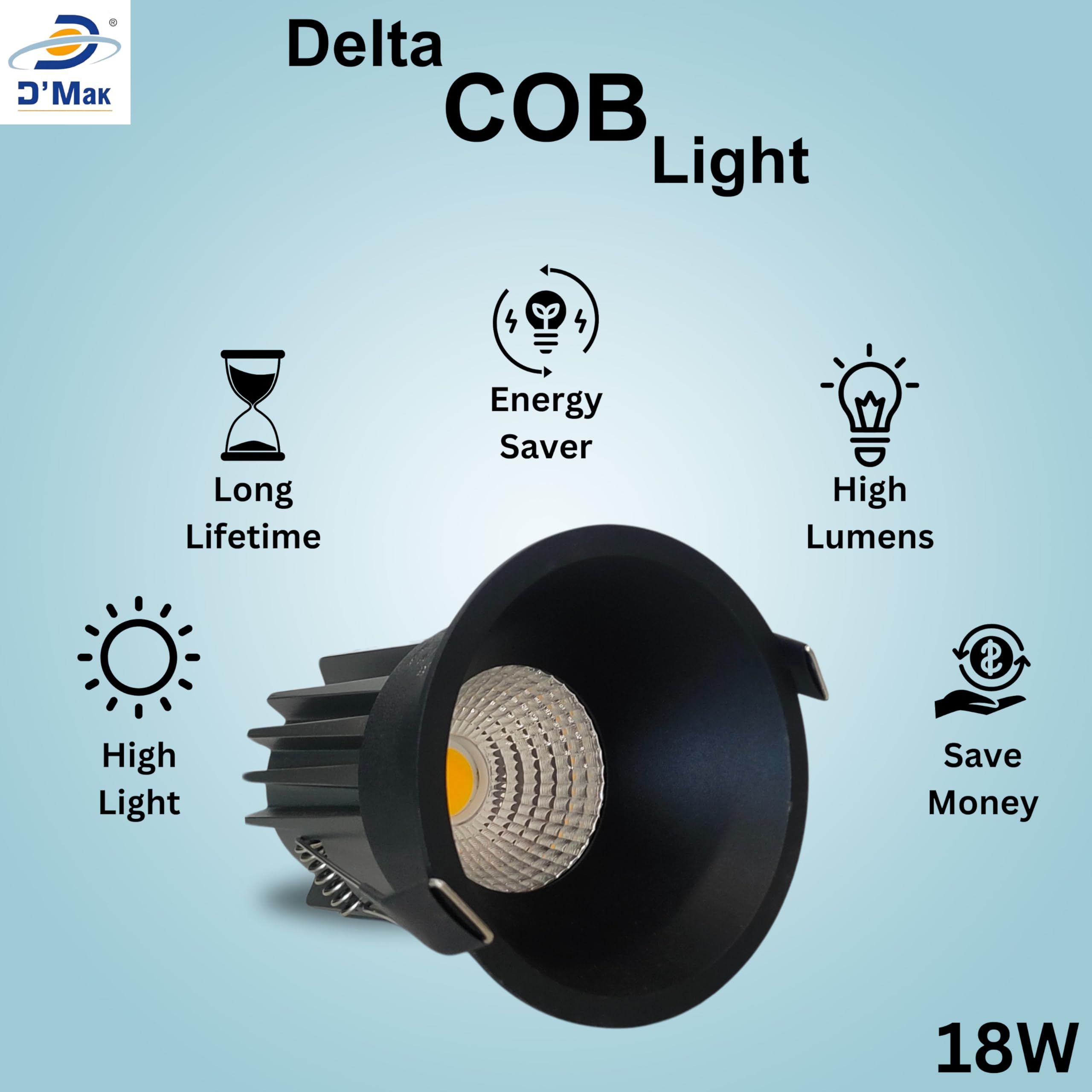 D'Mak 18W Black Body LED Deep COB Light | Recessed LED Ceiling Light for Indoor Lighting (3in1, Pack of 5)
