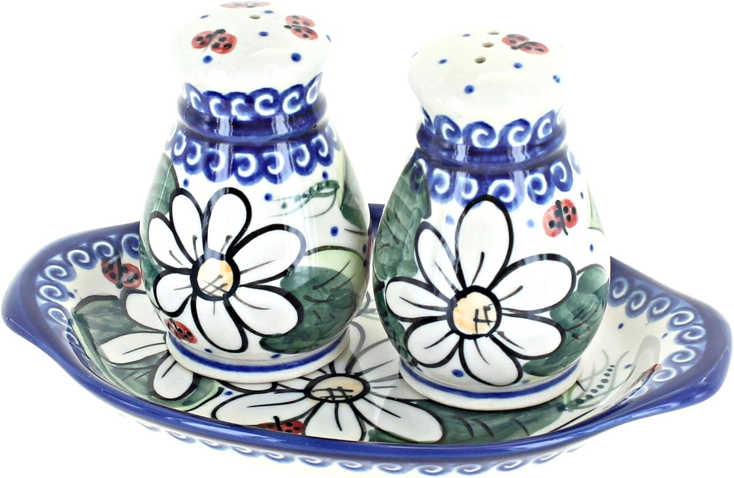 Polish Pottery Ladybug Salt & Pepper Shakers with Tray