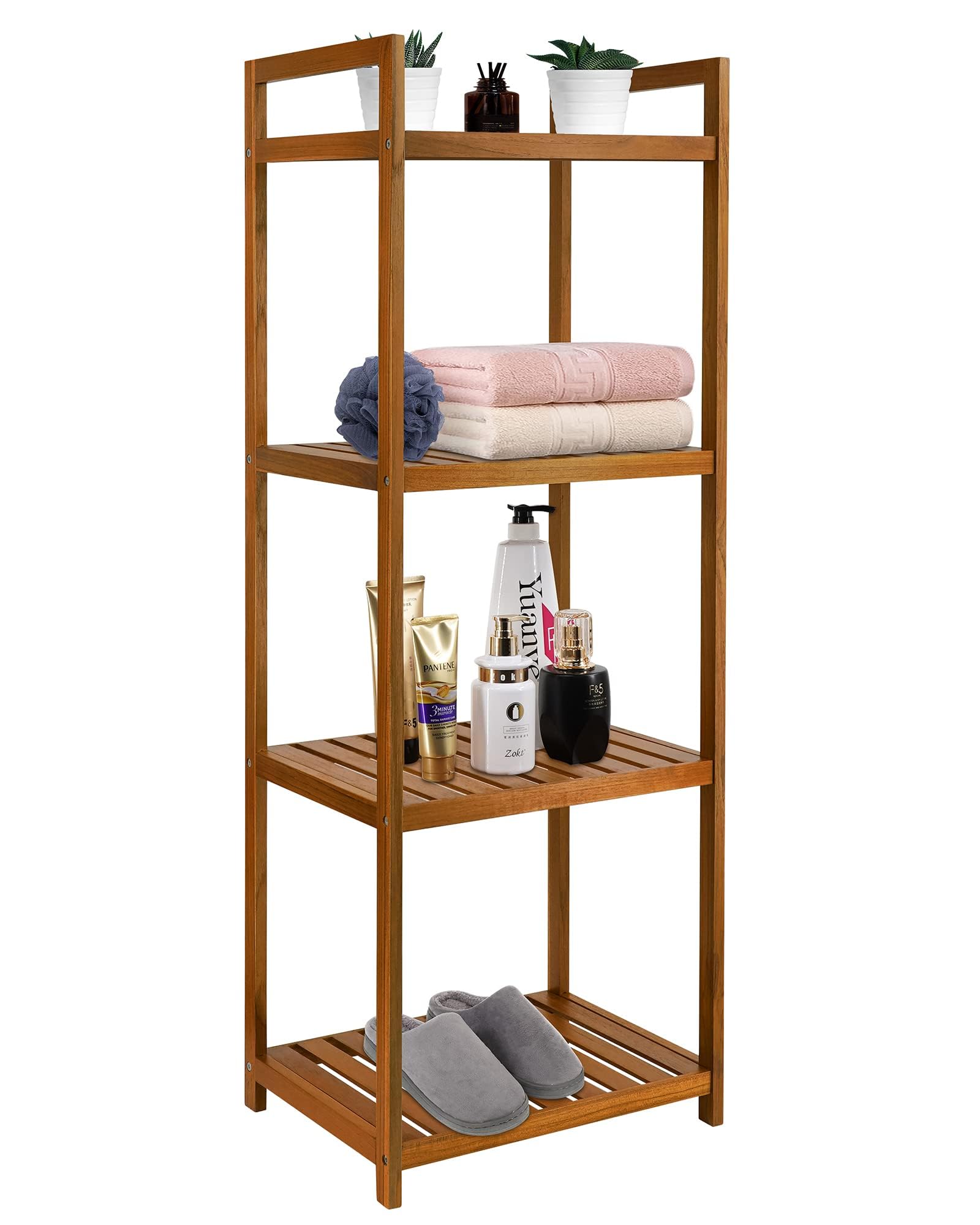 Utoplike Teak Wood Bathroom Shelf Organizer Stand Standing Shelves Shower Caddy Units Freestanding 4 Tier Bath Storage for