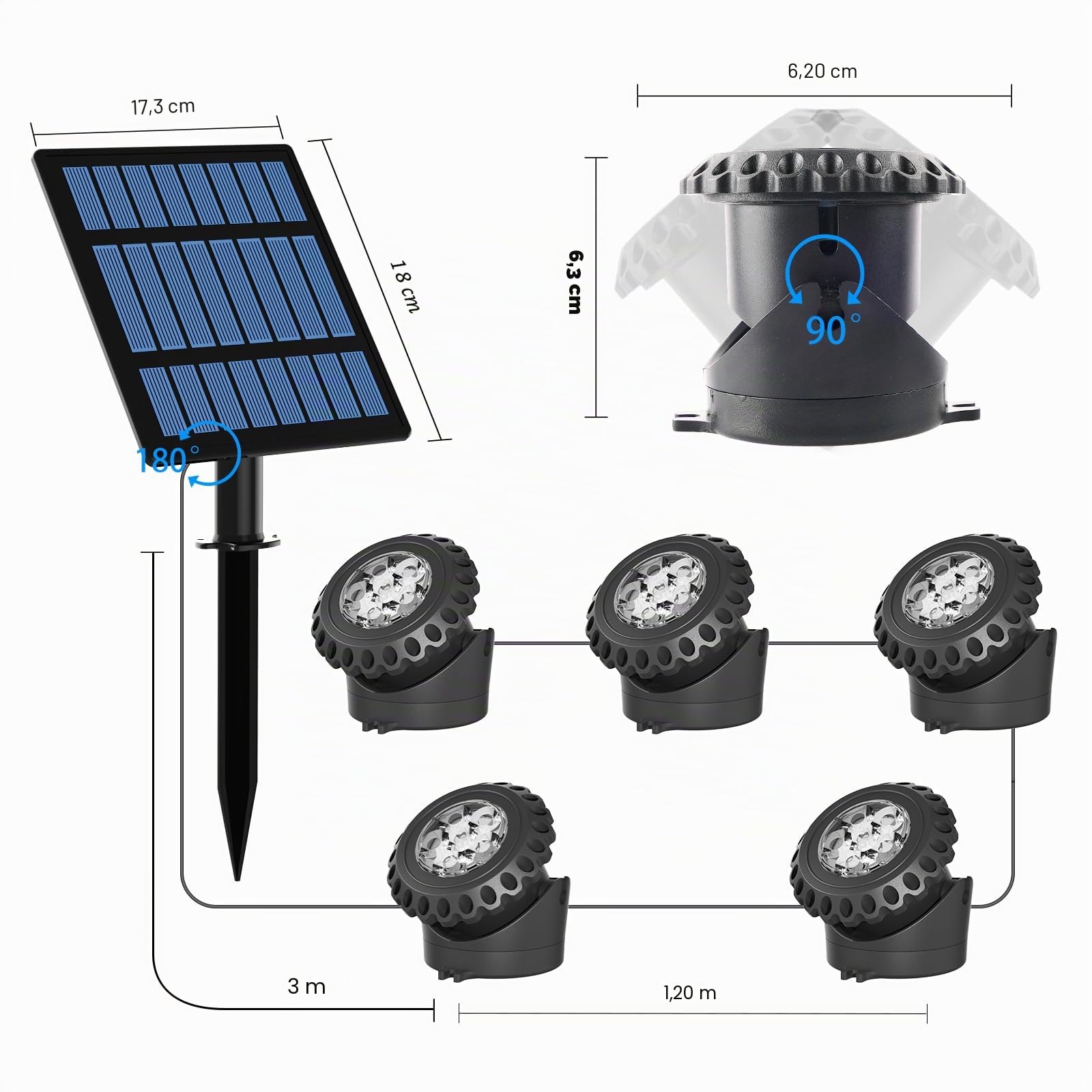 T-SUN Lámpara Sumergible LED Solar Luces Solares para Estanques 2 Modo 6 Color Foco Solar Impermeable Luces Solares Exterior para Estanques, Acuarios, Fuentes, Piscinas, Jardín(5 EN 1)