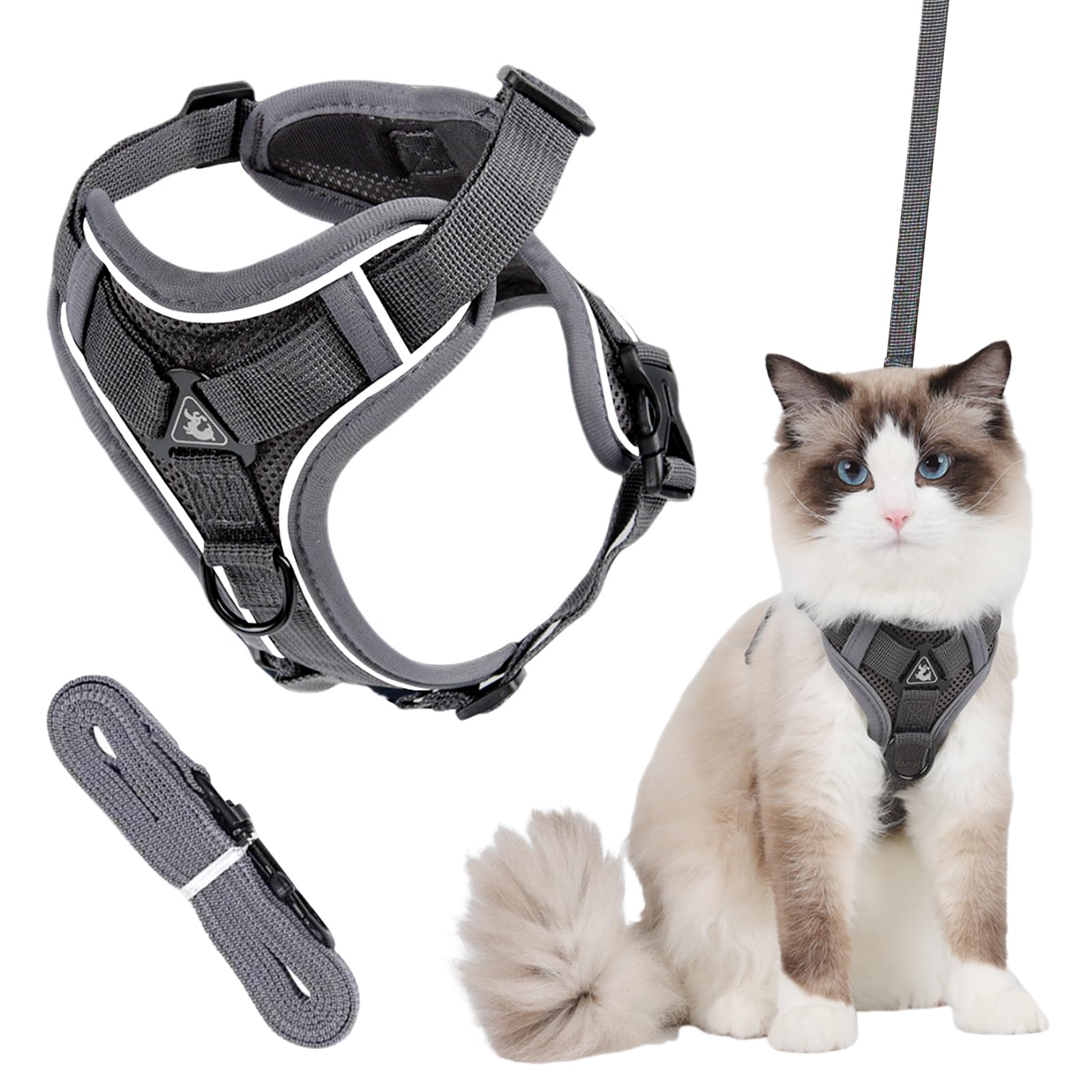 Adjustable Cat Harness Safe To Run Broken, Cat Harness And Leash, Cat Vest Break, Breathable Cat Leash For Walking,Gray Cat Leash With Reflective Stripes - M(4-5.5kg)