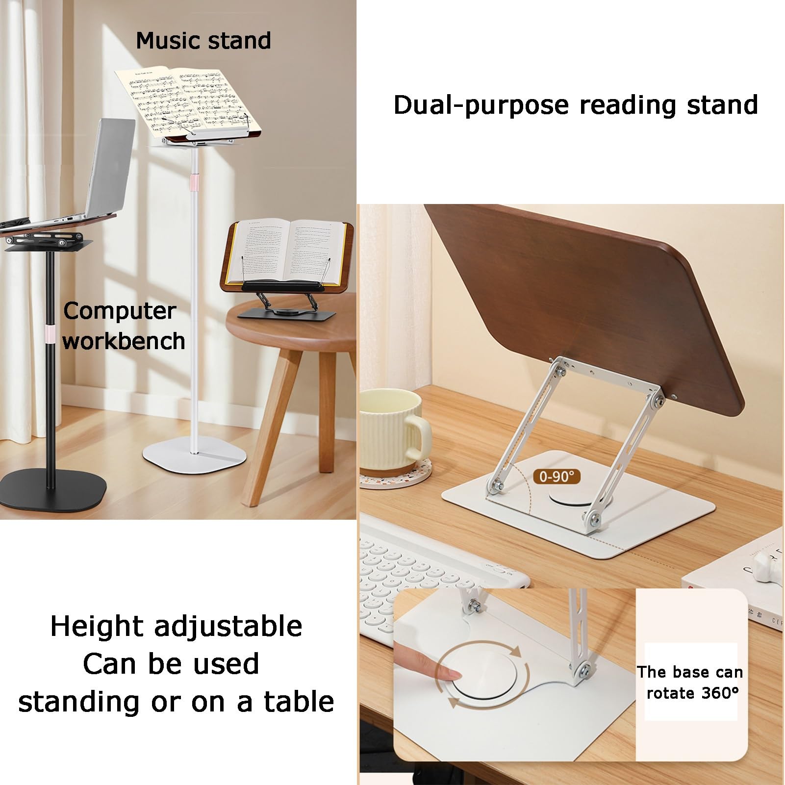 Leggio da pavimento regolabile, 2 in 1, supporto da lettura a doppio uso, con base girevole a 360°, per ricette, libri di testo, tablet e laptop