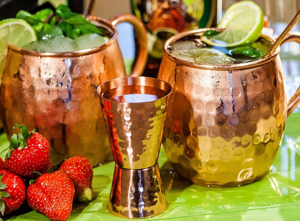 Lacquered Copper Jigger - 1oz/2oz Double Measuring Jigger for Cocktail Mixing - Solid Hammered Copper 22G - Shot Glass for Moscow Mule