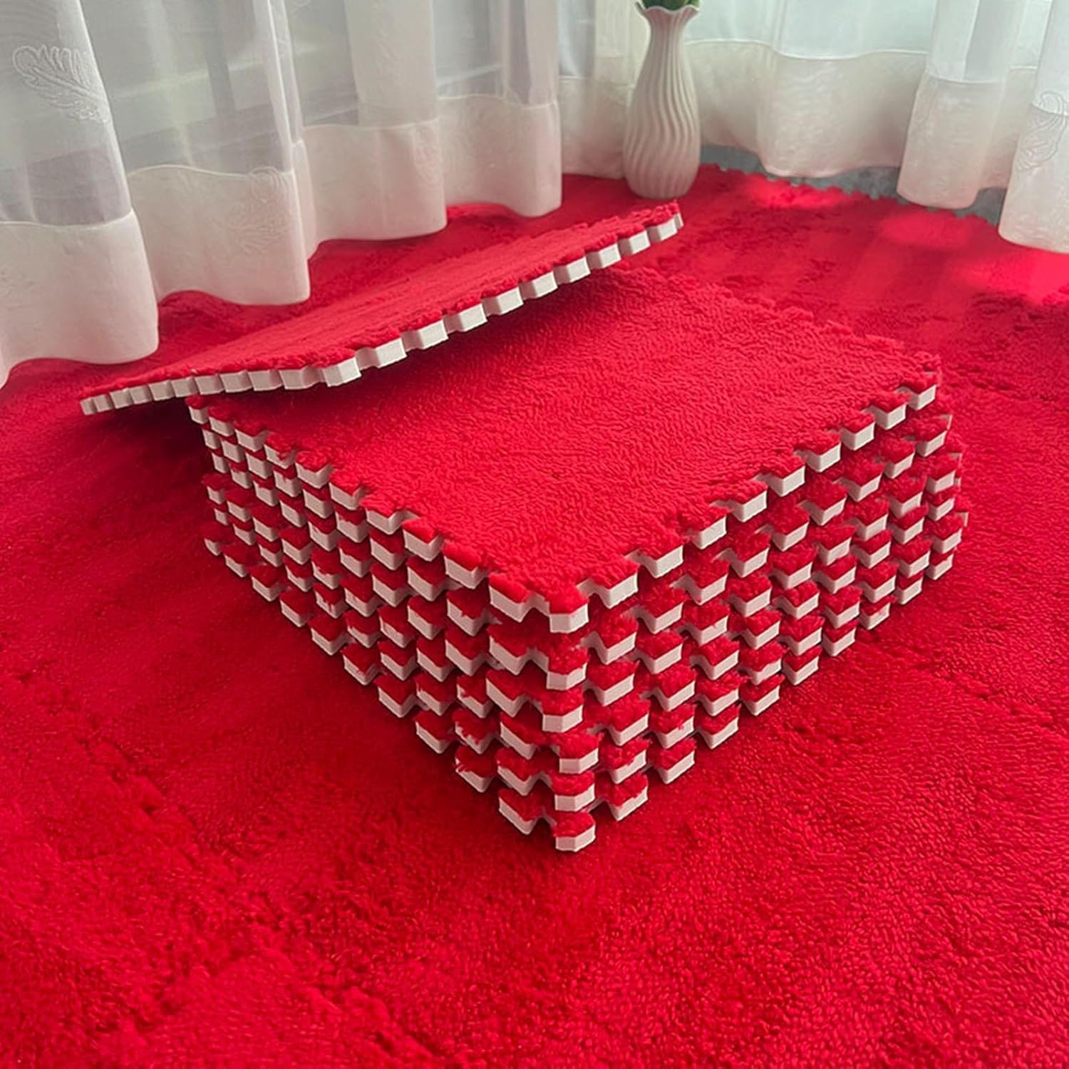 Mata do zabawy z pianki interlockingowej - puszysty pluszowy dywanik z puzzli - 0,4-calowa gruba mata z pianki(Rosso)