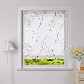 Heichkell Raffrollo mit Hakenaufhängung Ösen Raffgardine mit Foliendruck Transparent Küche Raffgardine Modern Wellen Druckmuster Rollos ohne Bohren Kleinfenster Vorhang Silber BxH 80x130 cm