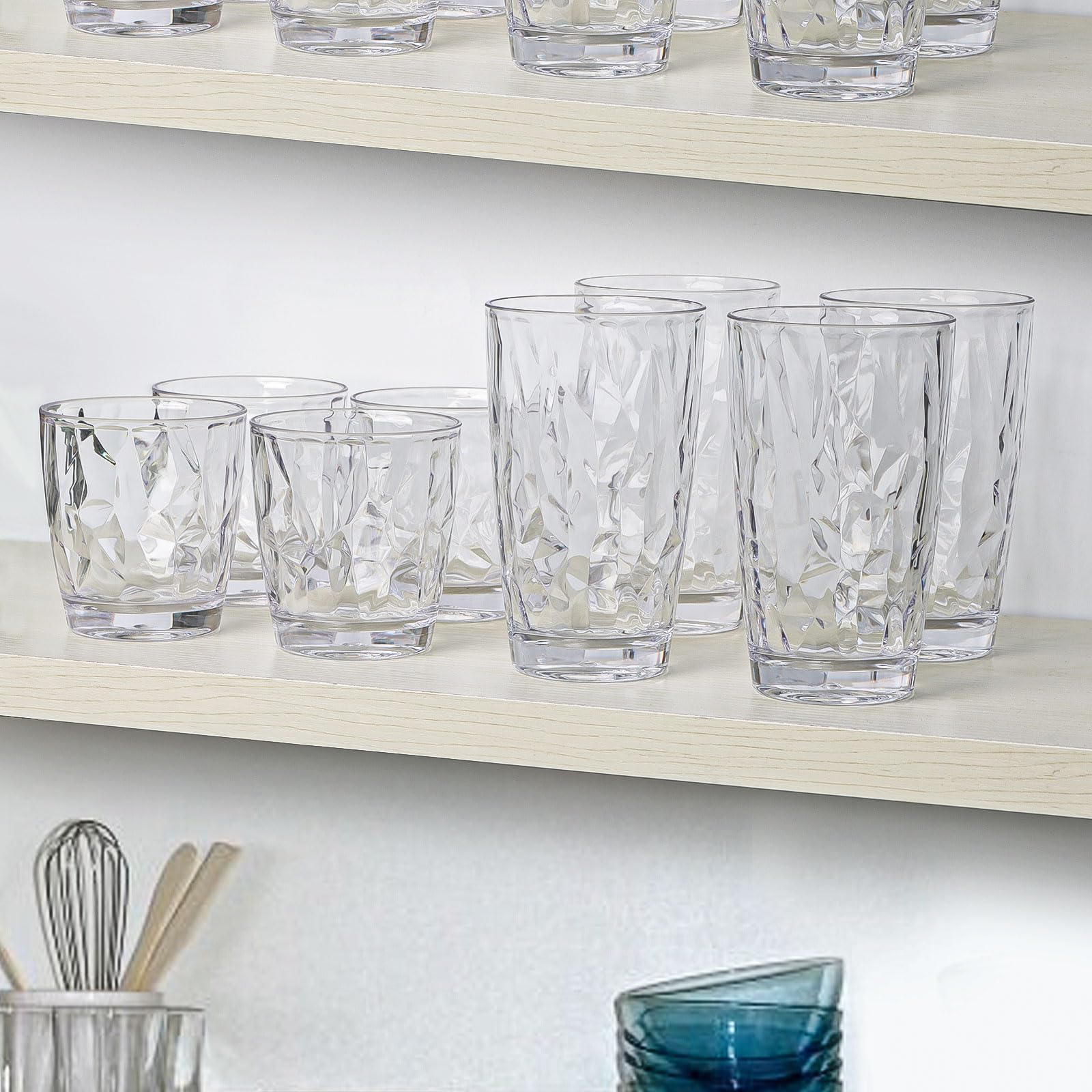 Vasos de plástico irrompibles para bebidas, vasos de vino de acrílico para fiestas de picnic en casa, aptas para lavavajillas, apilables, 8 unidades cada uno: 10 onzas y 16 onzas en transparente