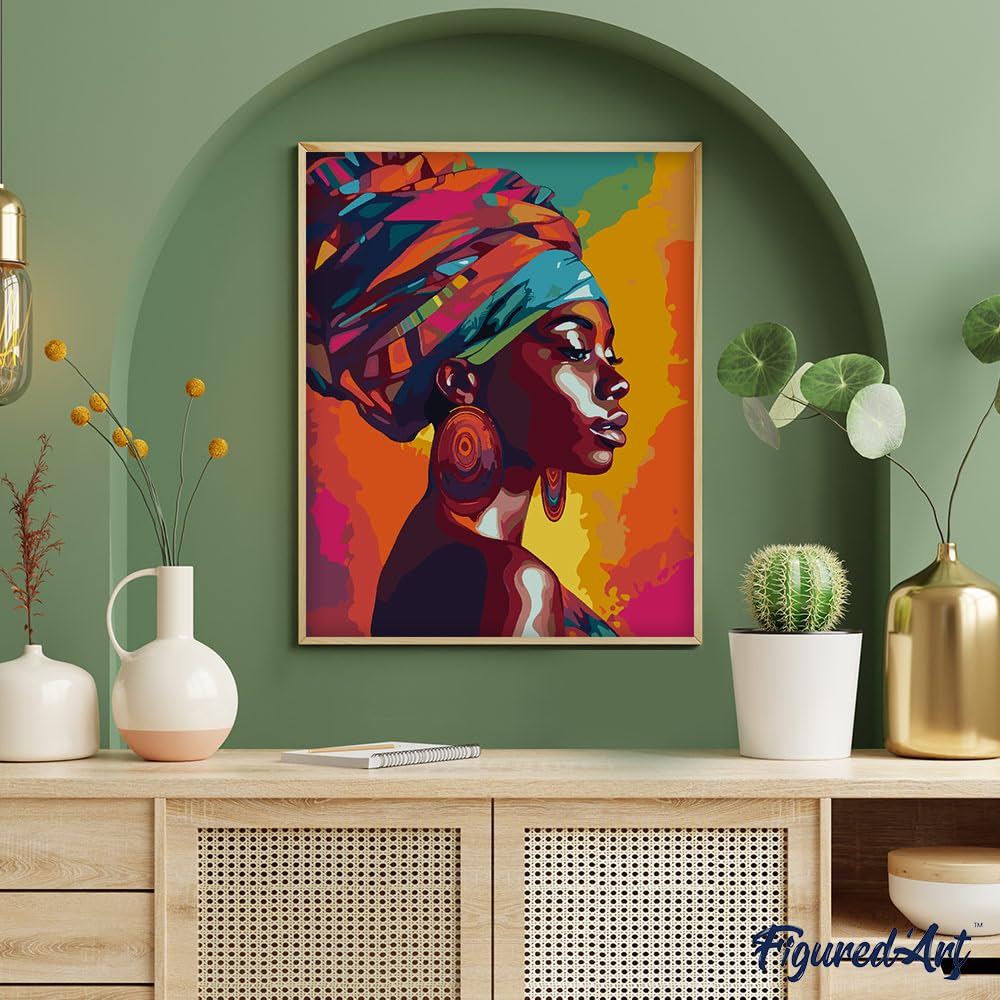 Figured'Art Peinture par Numéro Adulte avec Cadre Dame africaine lumineuse - Activité Manuelle Kit de Loisir Créatif DIY Numéro d'Art Complet - 40x50cm toile tendue sur châssis