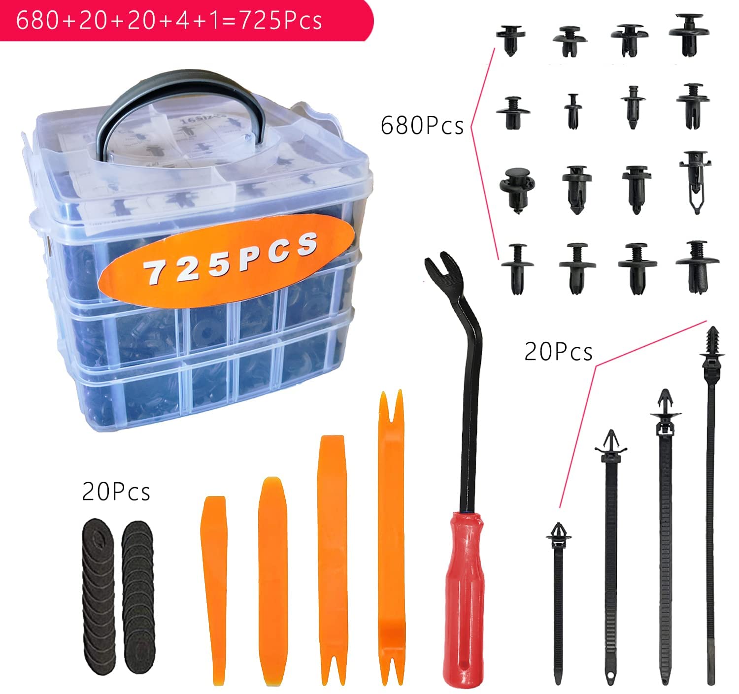 DOKIKO 725PCS Car Push Retainer Clips & Auto Fasteners Assortment-16 Most Popular Size,10 Cable Ties,Nylon Bumper Push Fasteners Rivet Clips for Toyota GM Ford Honda ect