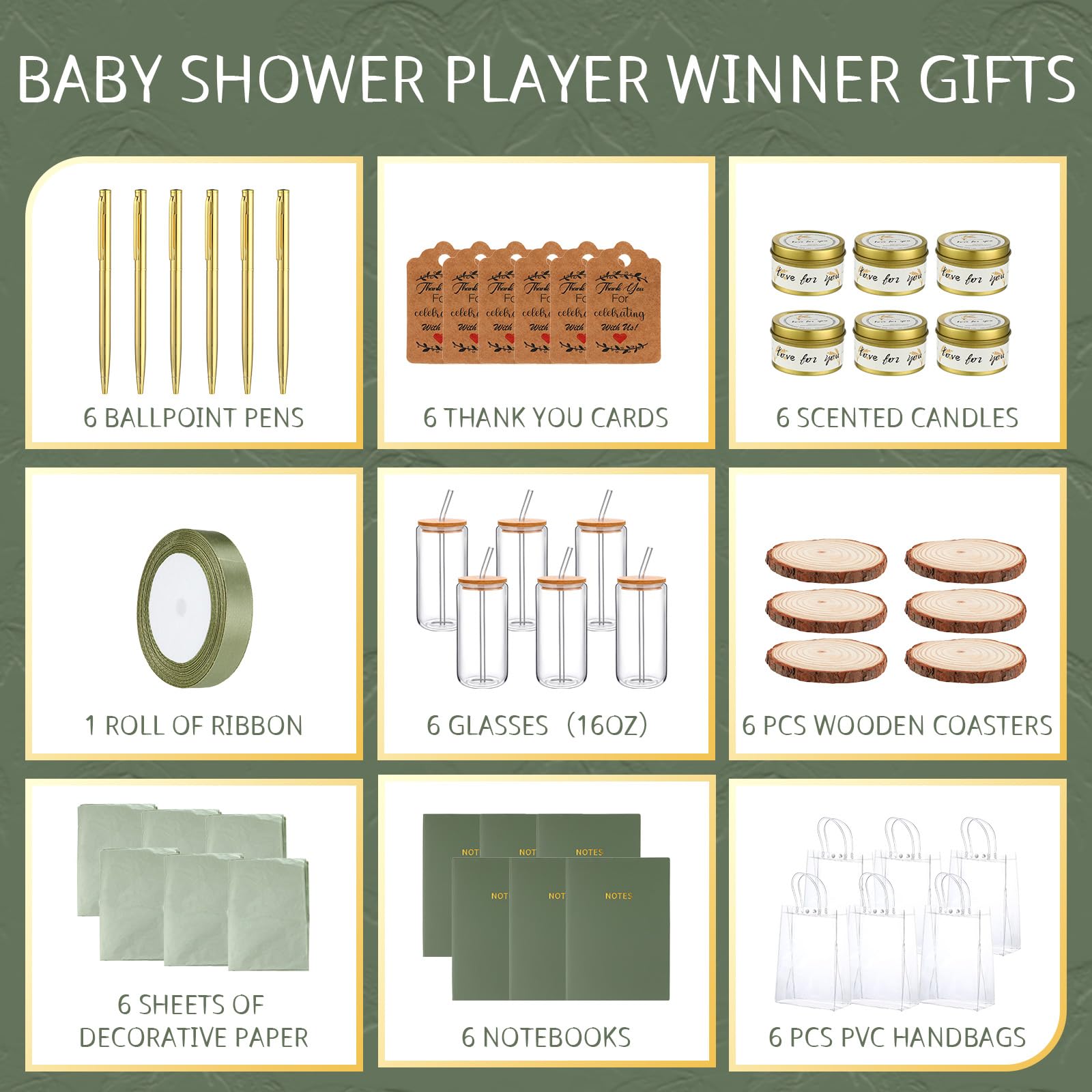 MotiMind 6 zestawów nagród na baby shower dla zwycięzców zabawy, prezenty na wesele, wieczór panieński, upominki na przyjęcie dla dziecka, w tym szklane puszki, notatniki, długopis, świece sojowe