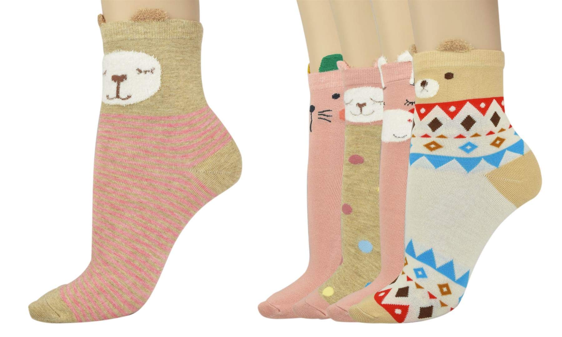 Vinsani® Cute Faces Print Socks 5 Pairs Pack - Multi Design & Colour Onesize Fits All Cotton Socks