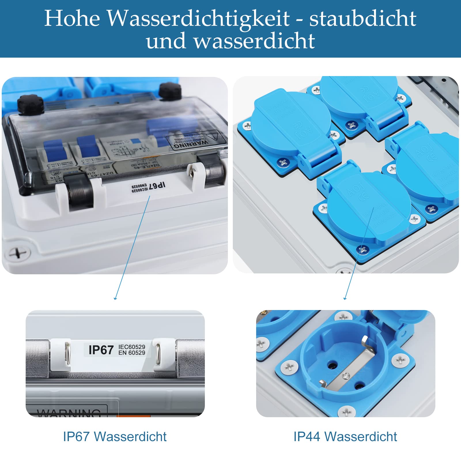 HITRENDS Distributore di corrente da parete, precablato, 4 prese Schuko da 230 V, 1 interruttore FI 32 A + 2 interruttori LS 16 A, IP67, impermeabile per interni ed esterni