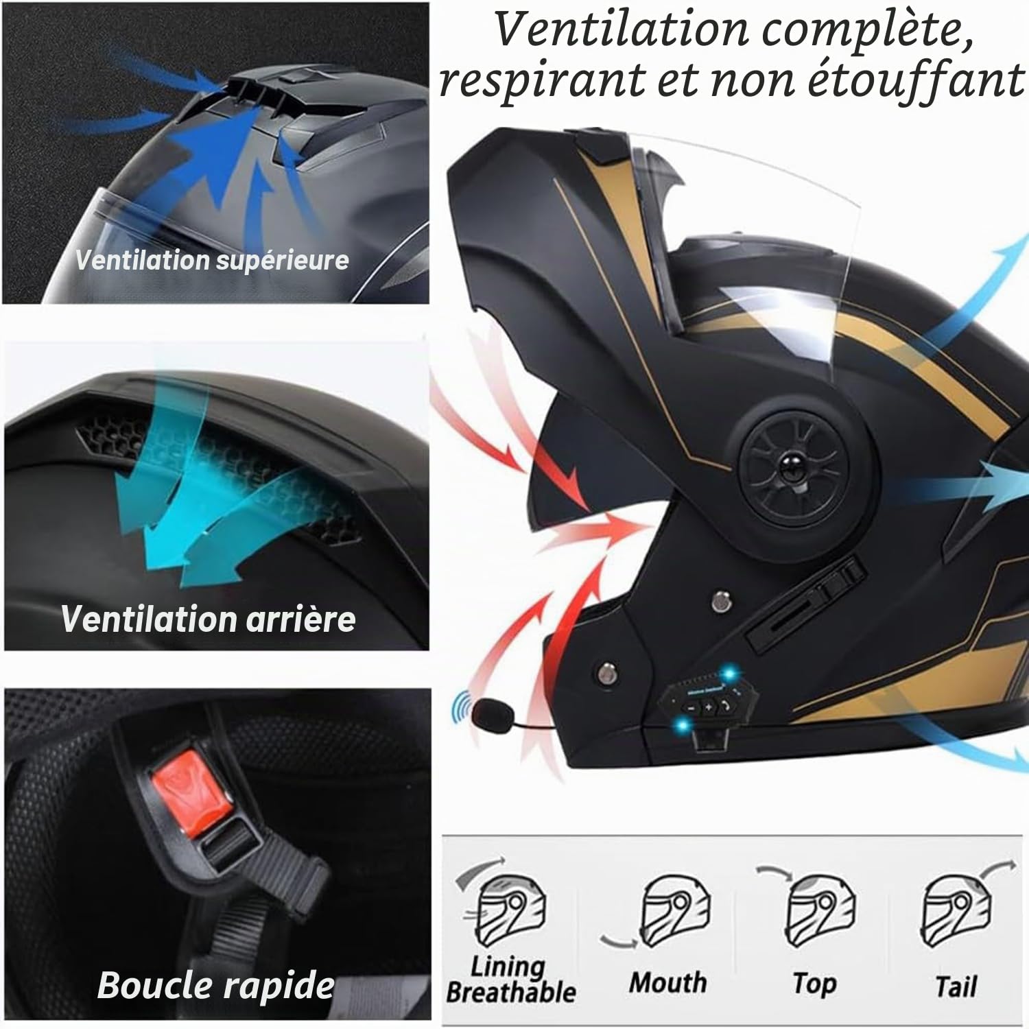 Modulaire Double Visière Intégrale Bluetooth Casque,Anti-buée Casque De Moto Étanche Intégrés Bluetooth Casque pour Hommes Et Femmes Homologué ECE Bluetooth Casques 55-62CM