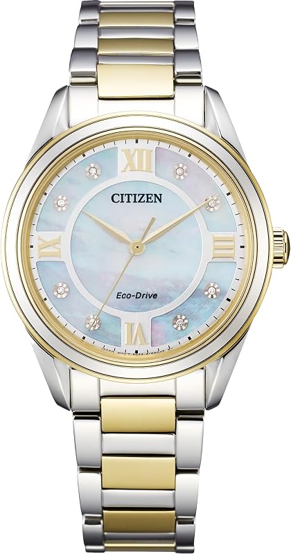 Reloj Eco-Drive Dress Classic Arezzo Diamond de acero inoxidable en dos tonos, esfera blanca (Modelo: EM0874-57D)