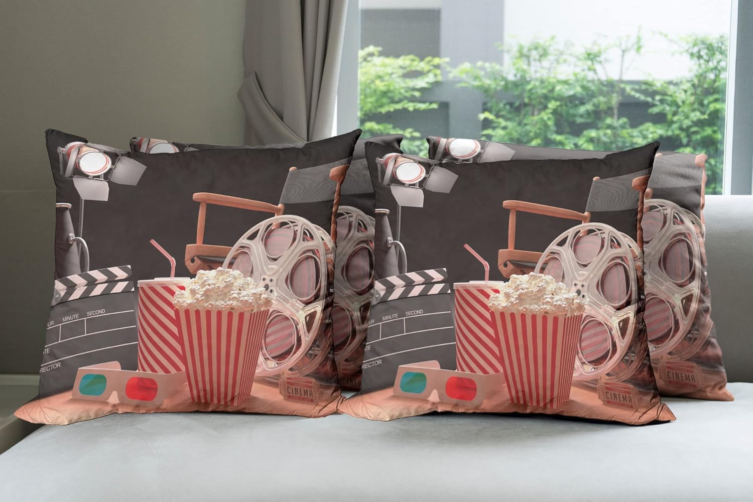Ambesonne Movie Theater Decorative Throw Pillow Case Pack of 4, Objects of The Film Industry Hollywood Motion Picture Cinematography Concept, Cushion Cover for Couch Living Room Car, 18", Red Black