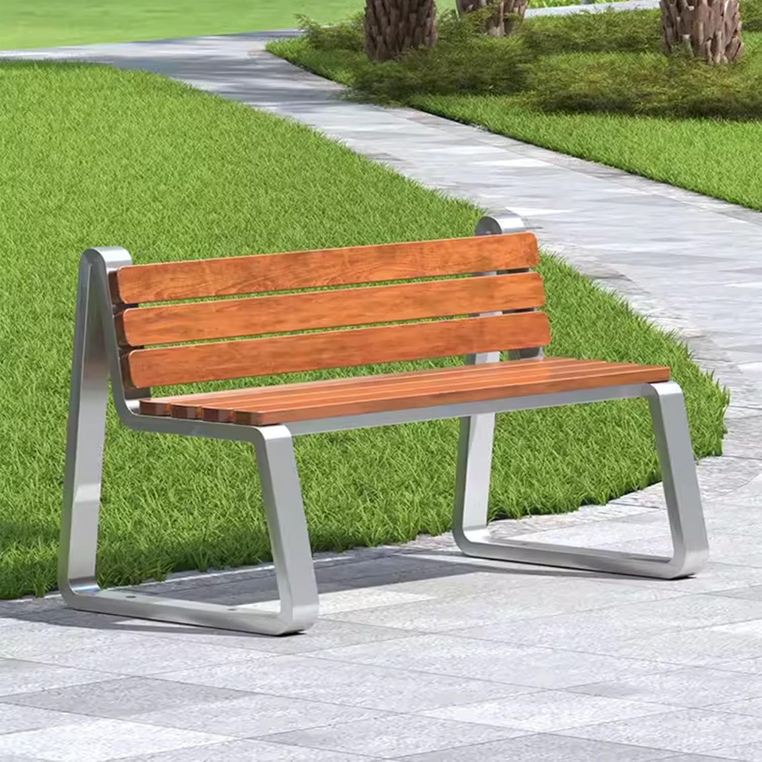 Ergonomiczna 3-osobowa drewniana ławka zewnętrzna z oparciem, nogi ze stali nierdzewnej, do trawnika, ogrodu, werandy, parku, łatwa instalacja, idealna do rekreacji na świeżym powietrzu