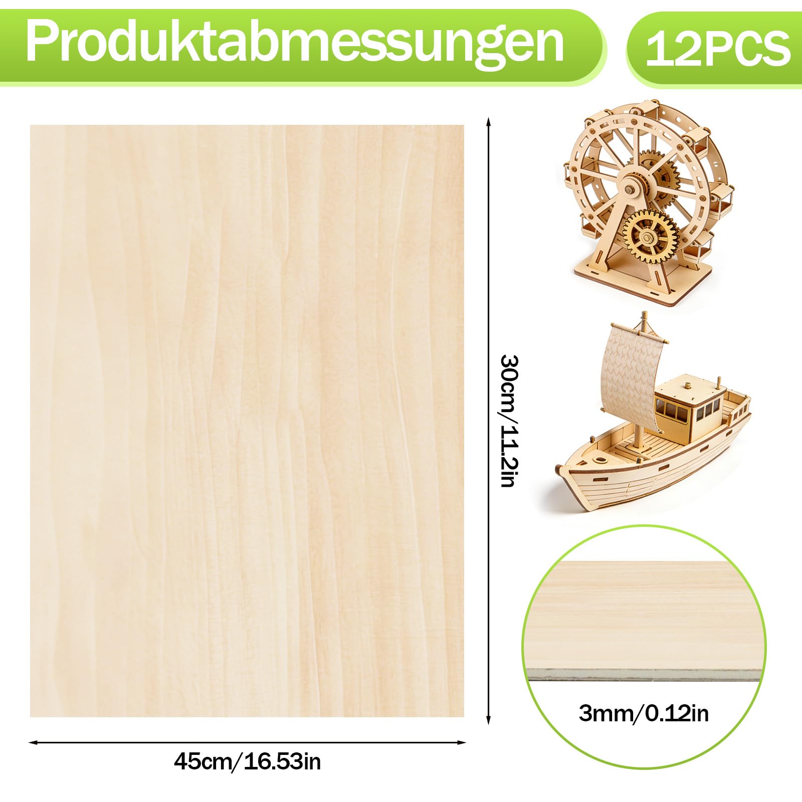 12 Stück Sperrholaplatte 3mm, A3-Format, Geeignet Für Kunsthandwerk, DIY-Holzarbeiten, Laserschneiden, Brandmalerei, Modellbau, Geschenkherstellung, Dekorationen Und Malerei(420 X 300 Mm X 3 Mm)