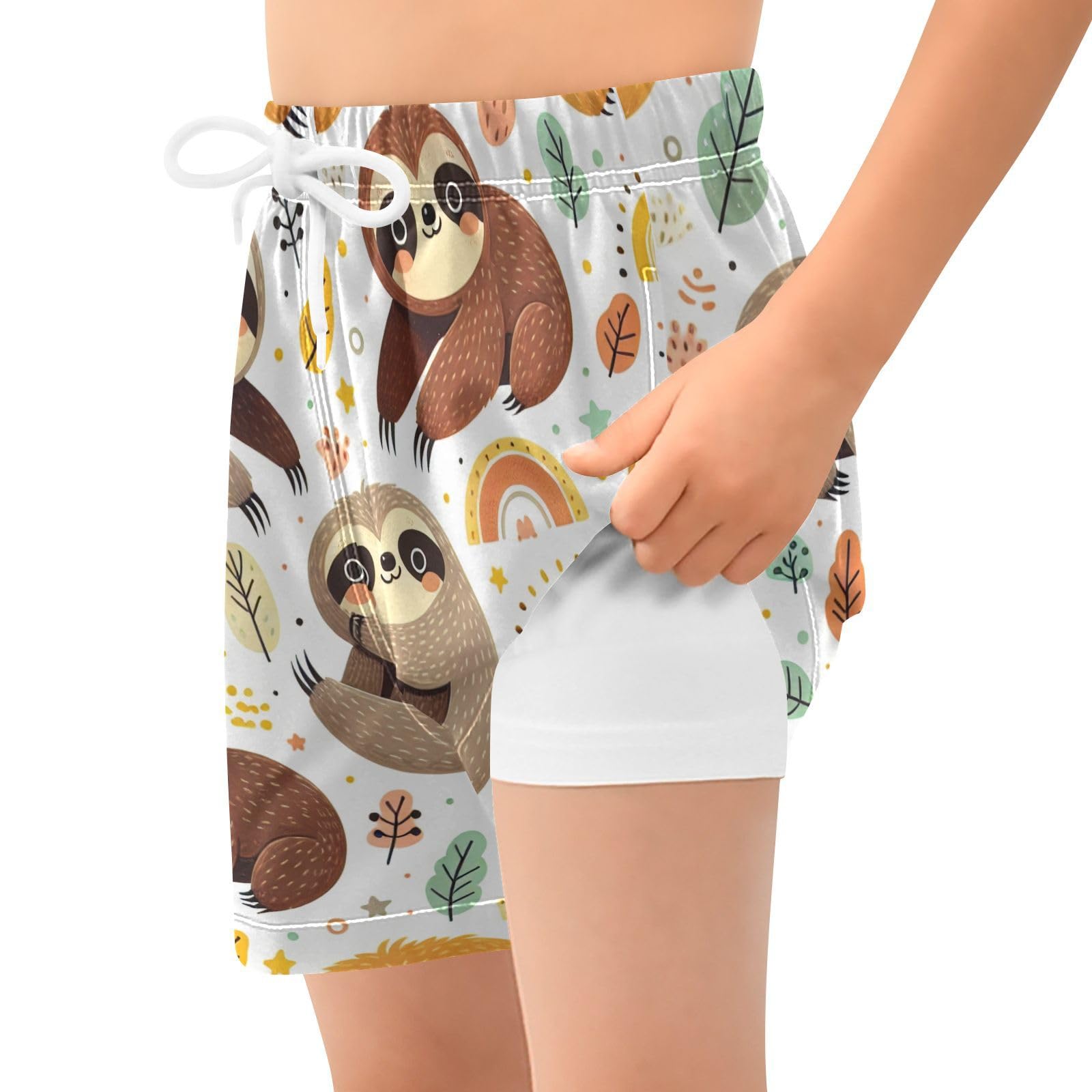 YANENDIE Boy Swim Trunks with Compression Liner Sloth Pattern Kids Style Boys Swim Shorts Quick Dry Beach Shorts
