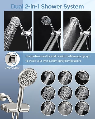 Miniatura 7 de Cabezal de ducha filtrado con combo de mano de níquel cepillado, sistema de spa doble 2 en 1 con cabezal de ducha de masaje y 10 modos de cabezal de