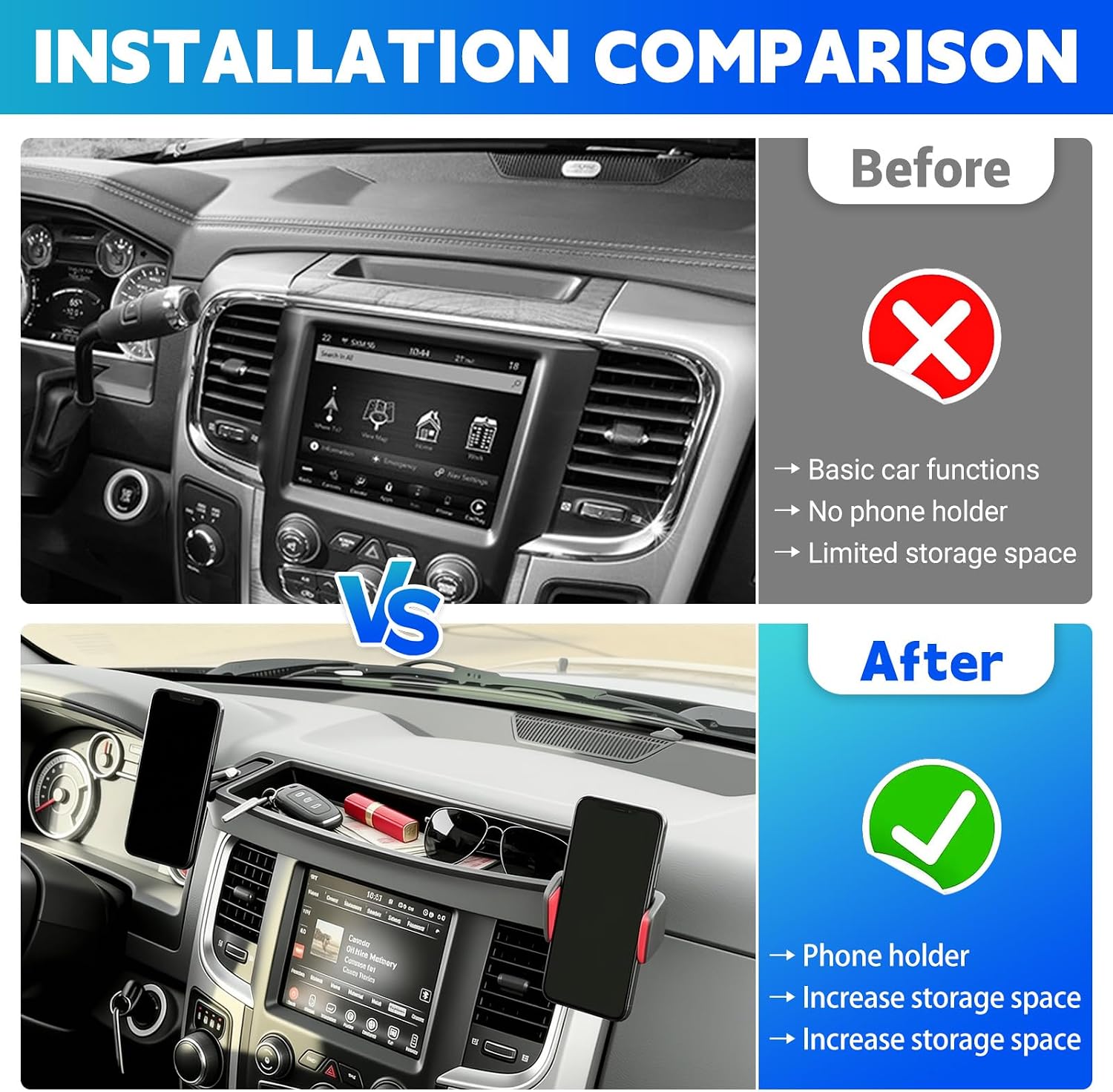 Phone Holder Dashboard Organizer Fits for 2013-2018 Dodge RAM 1500/2500/3500 & 2019-2024 RAM Classic 360°Rotating Magnetic Phone Mount for RAM Interior Accessories Dash Tray Console Storage